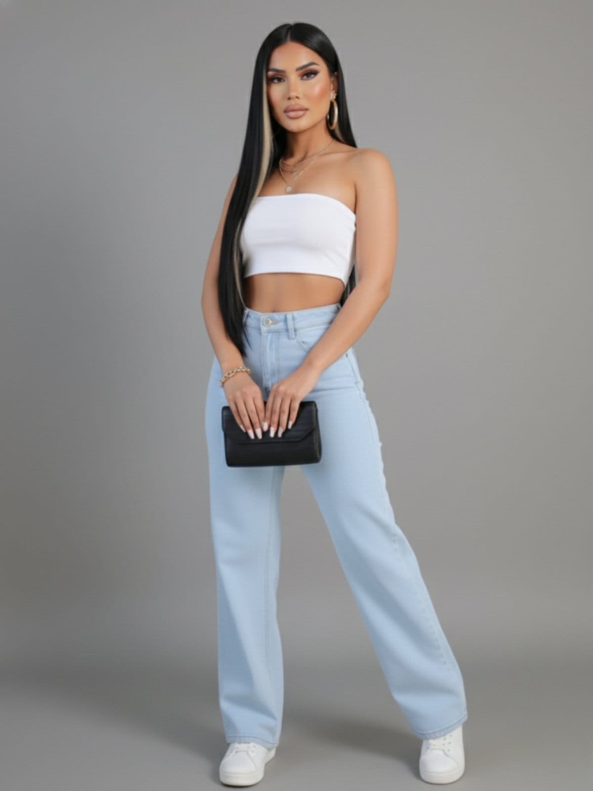 Calça Widleg Feminina Jeans Alpha Street Wear Estilo Gringa Fashion e Confortavel Azul Delave