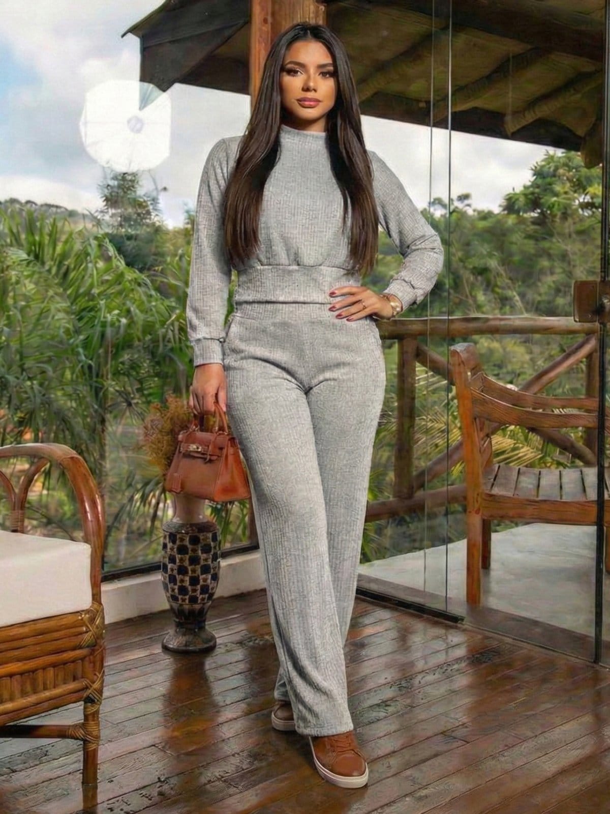 Conjunto Feminino Blusa Manga Longa de Frio Calça Reta Cintura Alta Moletinho Canelado