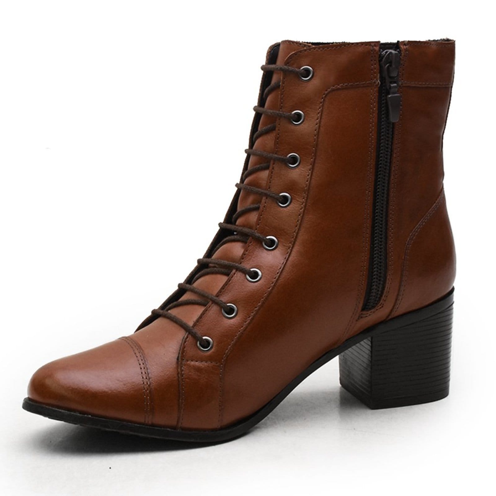 Vista 2 Bota Feminina Em Couro Rangali Com Zíper e Amarração Madus caramelo