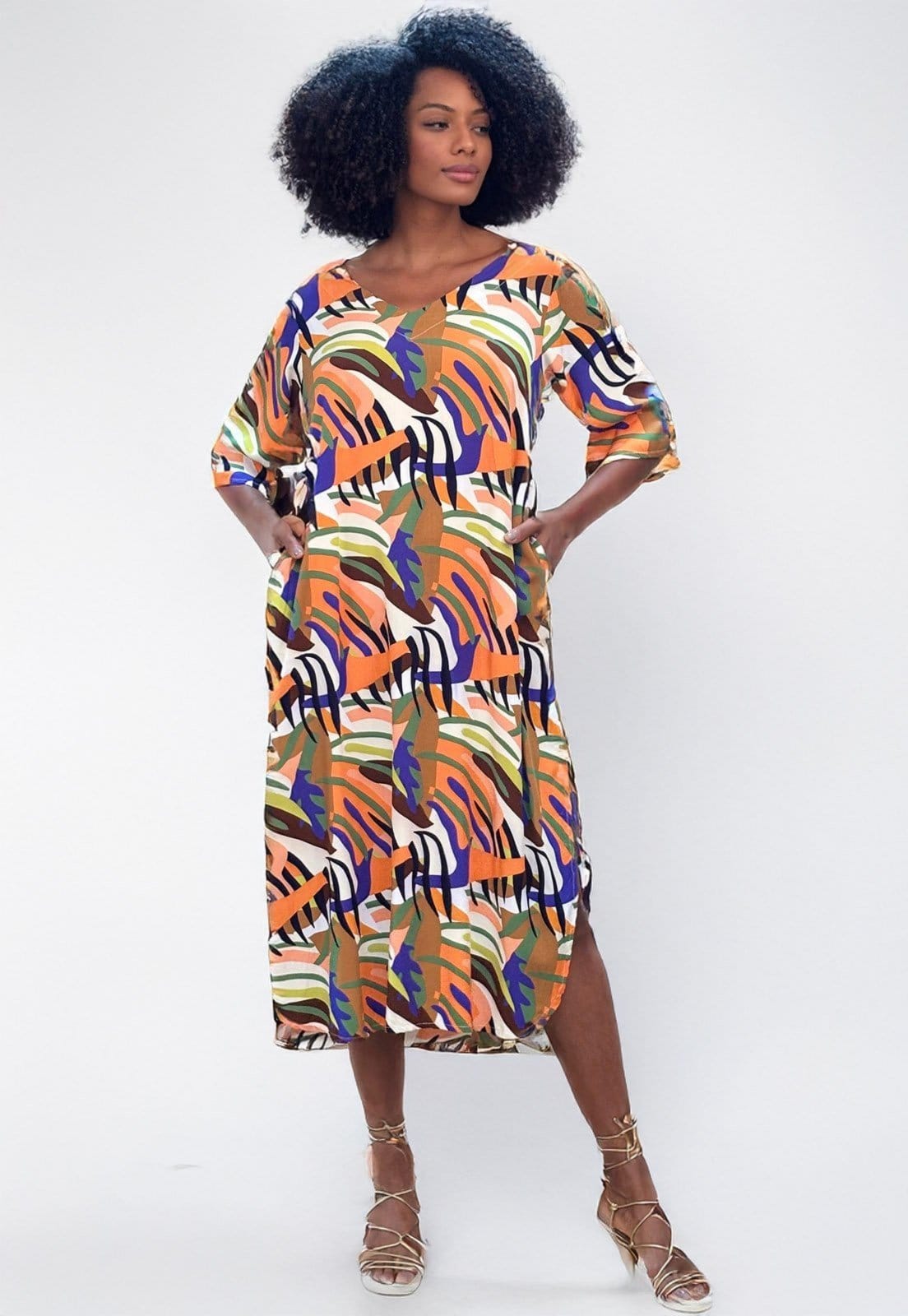 Vista 2 Vestido Midi Amazonia Vital Abapã Plano com Bolso Estampa Encanto Botânico Amazonia Vital azul/bege/estampado/lilás/rosa