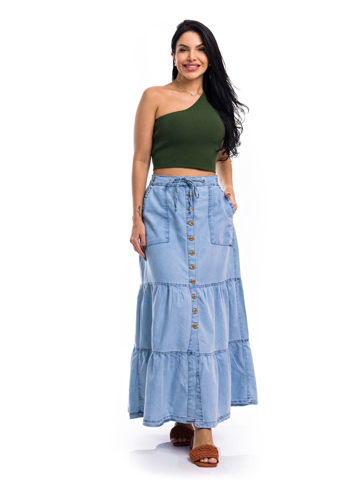 Vista 2 Saia Longa Restrito Jeans 3 Marias Com Botões CLARO Restrito Jeans azul