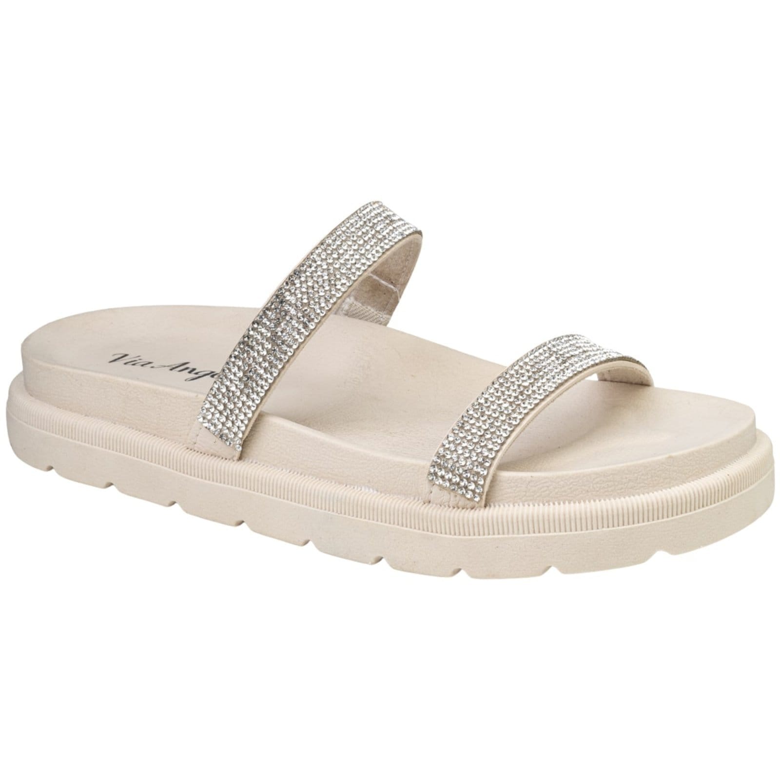 Tamanco Feminino Birk Plataforma Papete Anatomico Tira de Strass Via Angel 8302 Off White