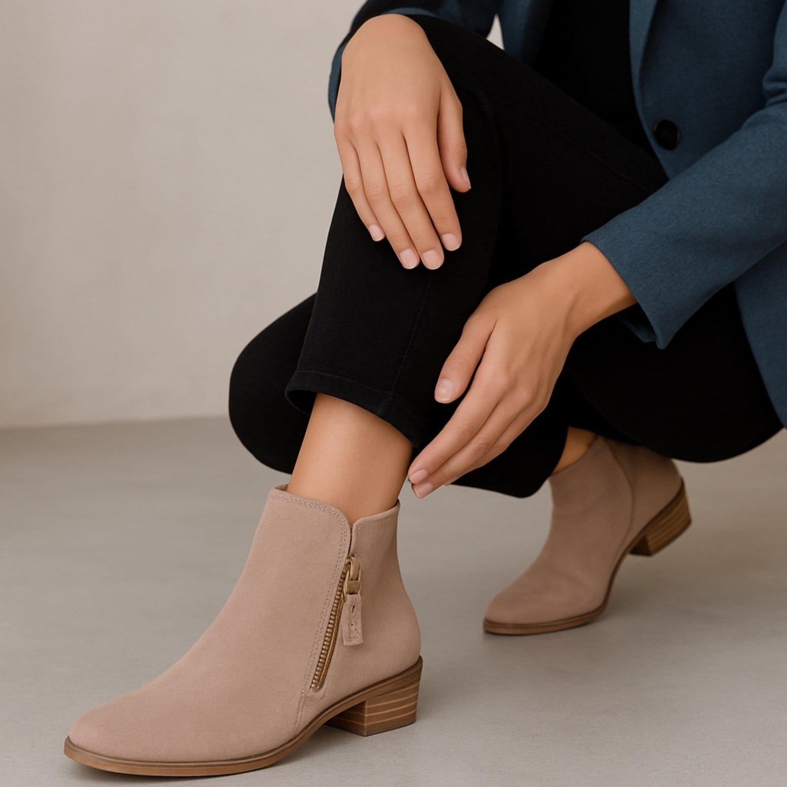 Bota Cano Curto Feminina Bia Ramos em Couro com Fivela Lateral Camurça Areia