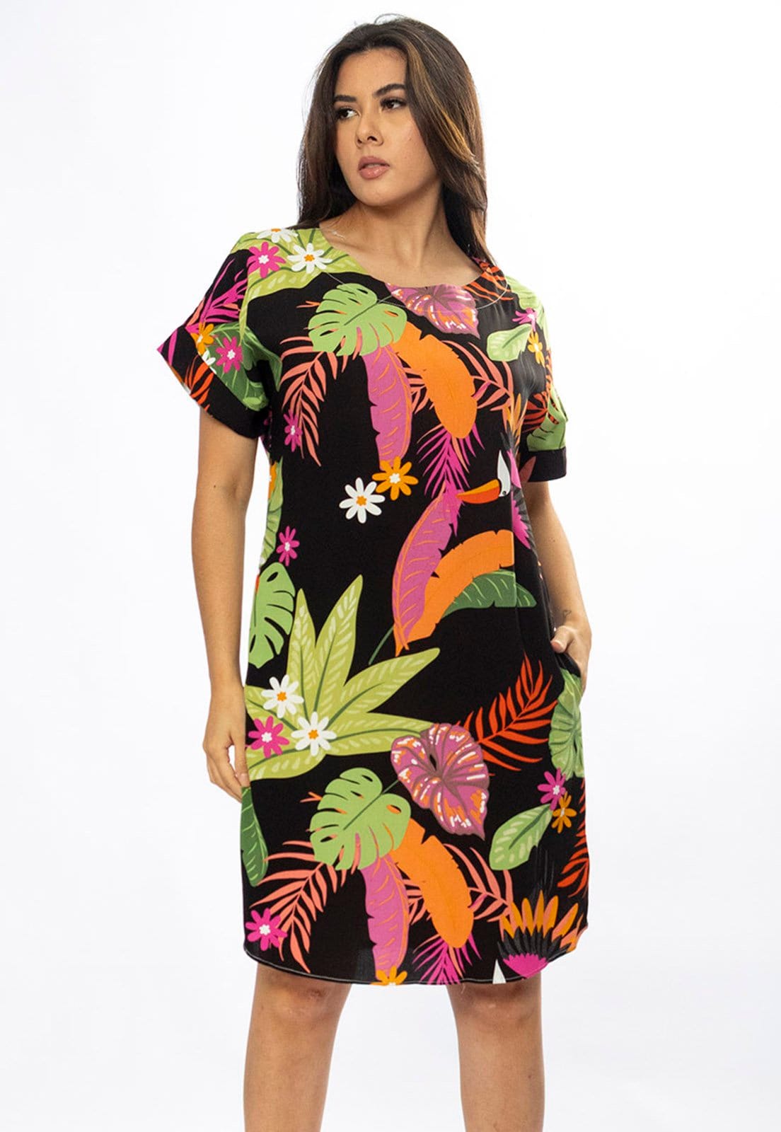 Vista 2 Vestido Curto Cabanafree Viscose com Bolso Estampa Noite Botânica Cabanafree estampado/laranja/rosa/verde