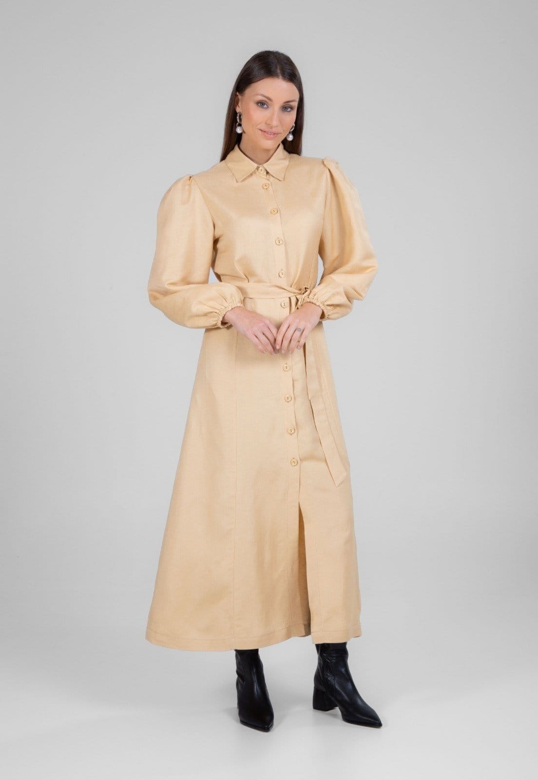 Vista 2 Vestido Chemise Traymon Manga Longa Caqui Traymon bege caqui