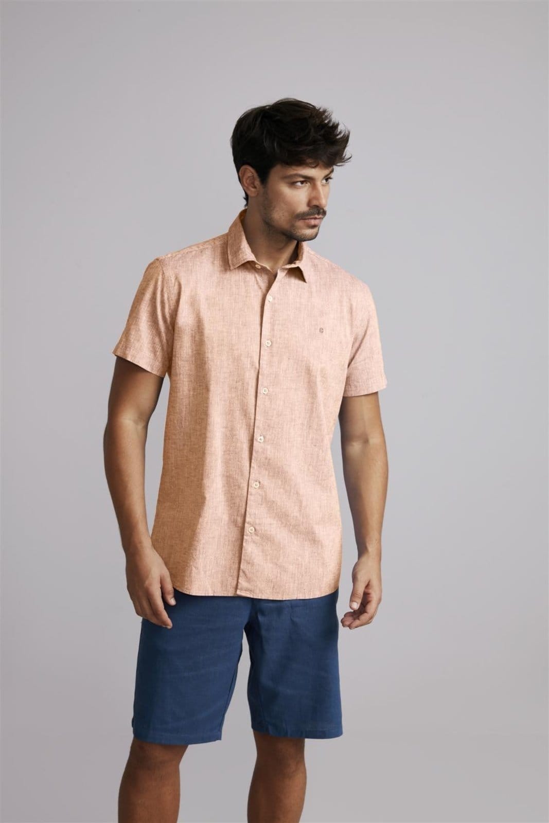 HIGHSTIL Camisa Manga Curta Lisa Linen Blend Slim Fit