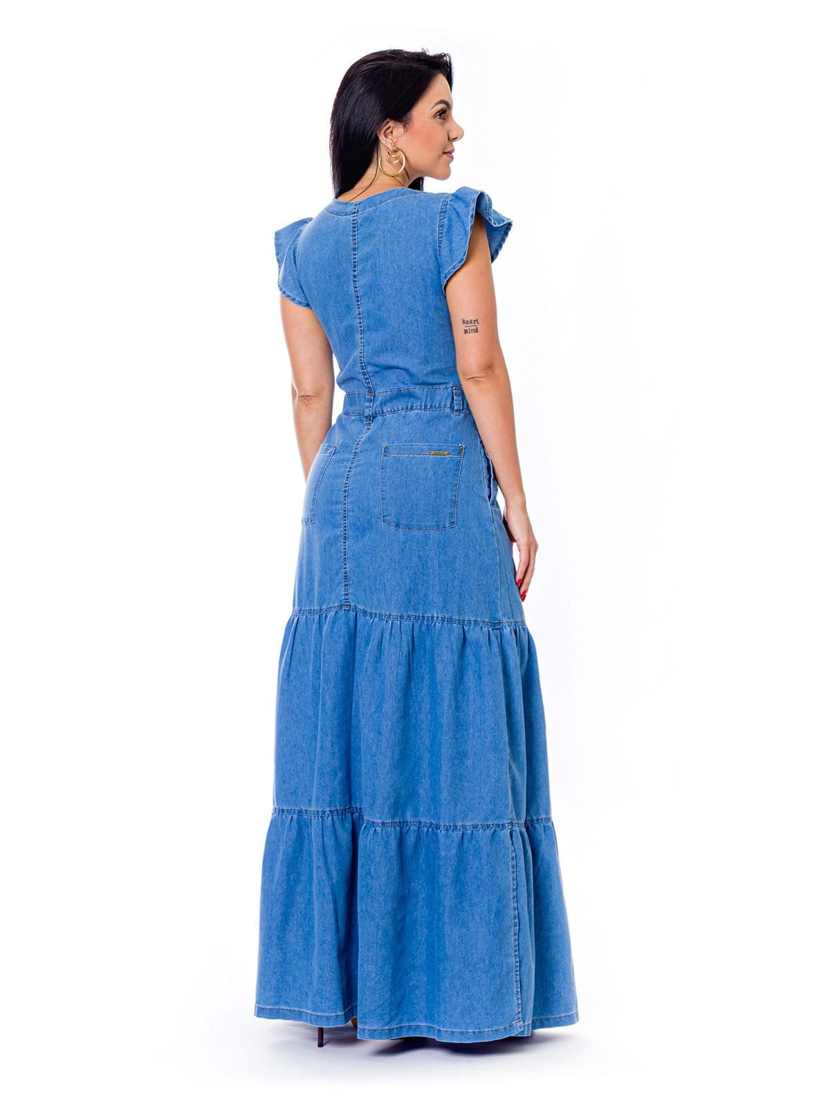 Vista 2 Vestido Longo Restrito Jeans com Mangas e Botões MÉDIO Restrito Jeans azul