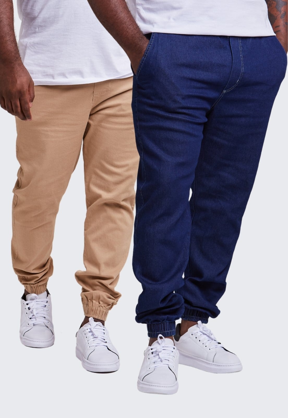Kit 2 Calça Jogger Plus Size Masculina Com Punho Daze Modas Jeans Escuro e Bege