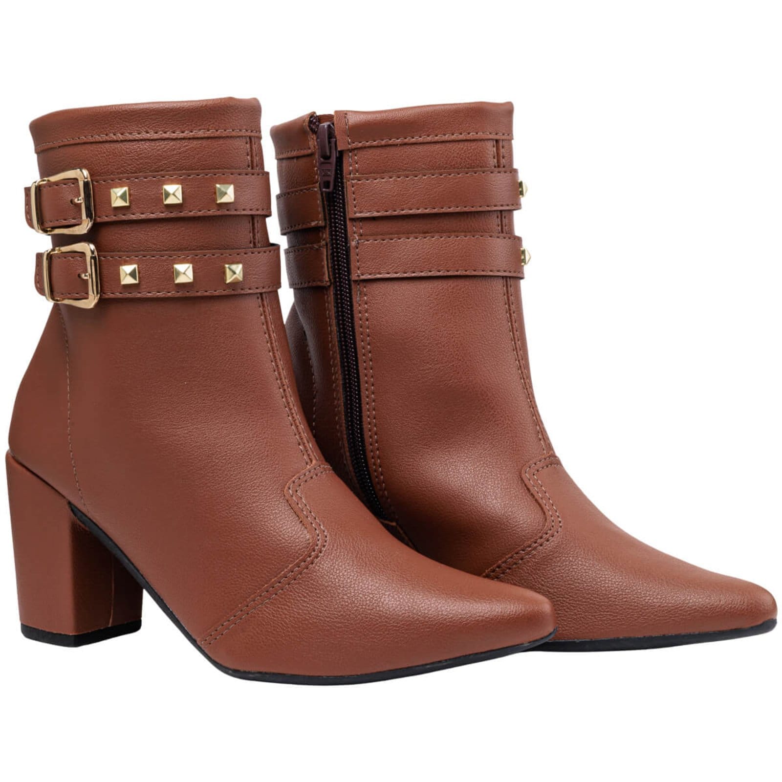 Vista 2 Bota Feminina Salto Grosso Bico Fino Ankle Boot Fivela Tachos Elegante Estilosa Confortável Via Angel 68.02 VIA ANGEL caramelo