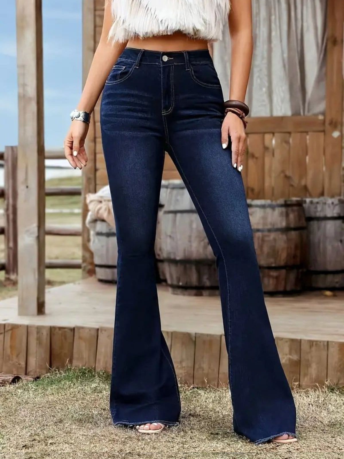 Vista 2 Calça Jeans Kovali Fashion Store Flare Escura com Caimento Impecável e Tecido Premium KOVALI FASHION STORE azul/azul marinho azul