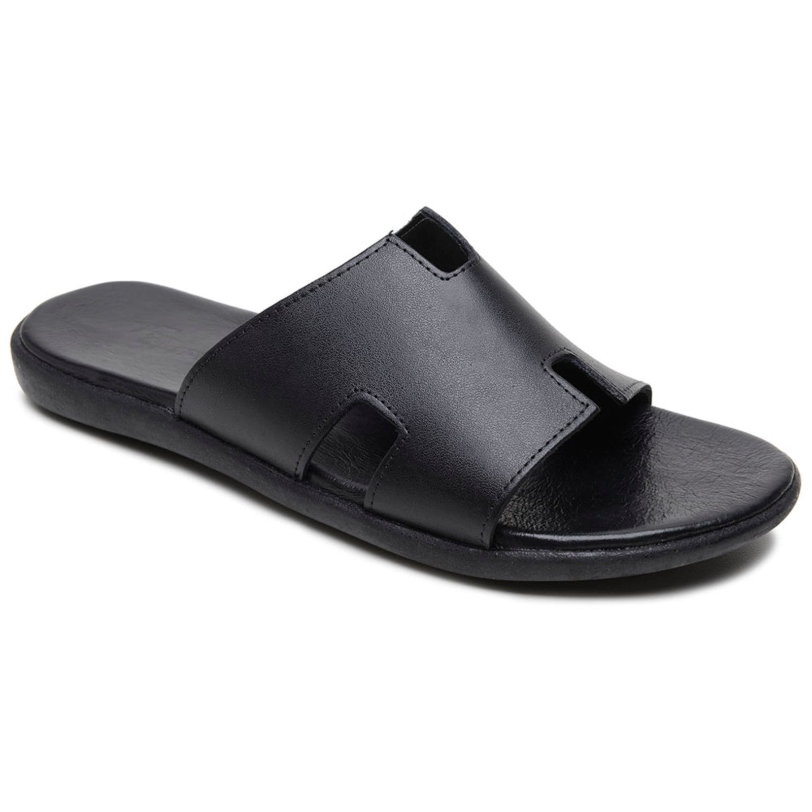 Vista 2 Chinelo Slide Masculino Couro Legítimo Verão Conforto Forro Macio Ultra Leve FRANCA GRIFFE preto