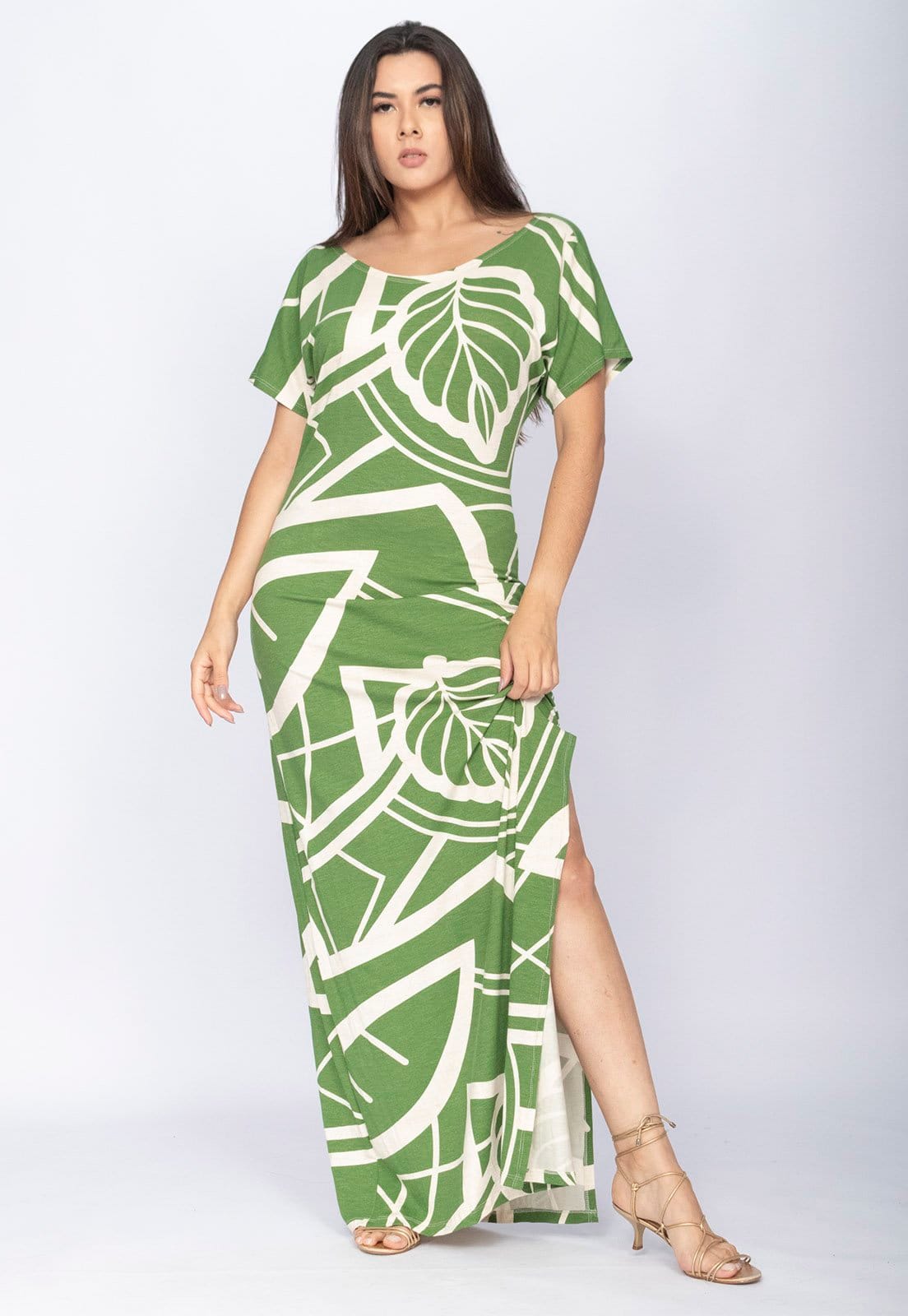 Vestido CabanaFree Longo Malha Fenda na Lateral Estampa Lagoa Botânica Verde