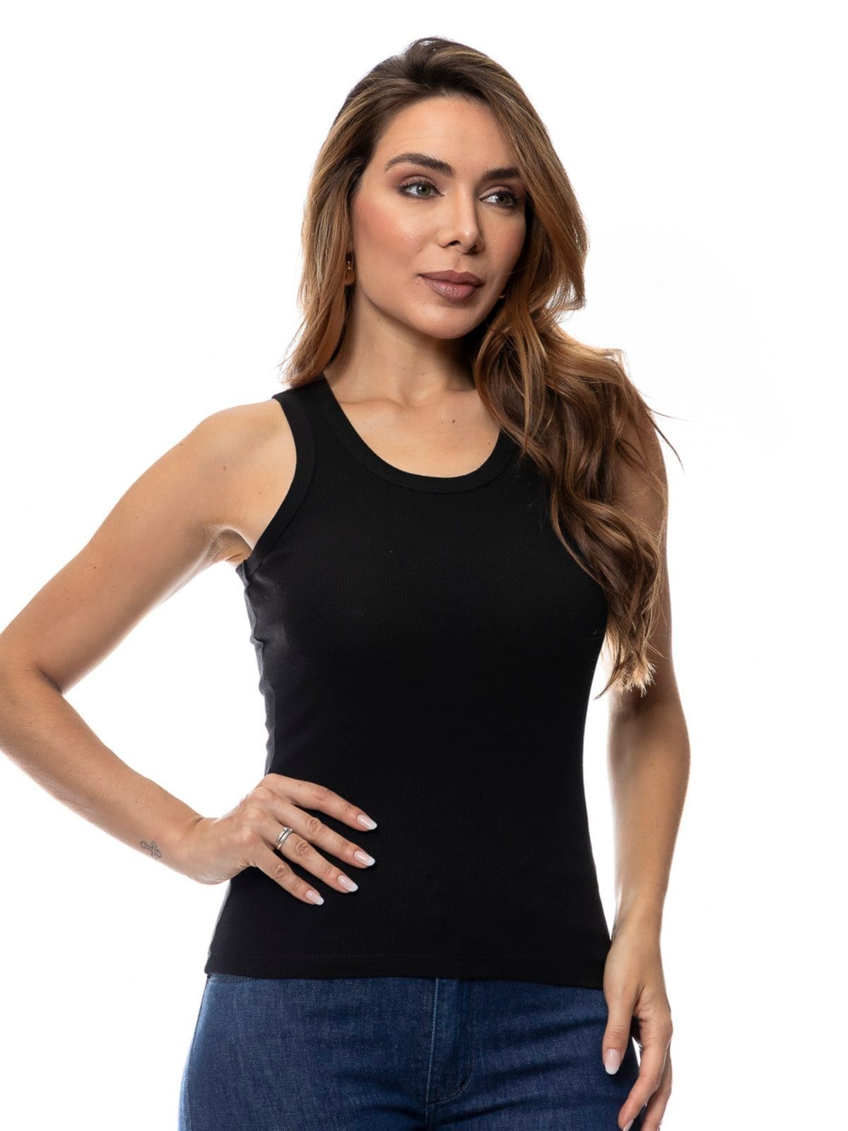 Vista 2 Kit 5 Regatas Básicas Ribana Preta, Kaqui e Branca- 50498 Crocker multicolorido