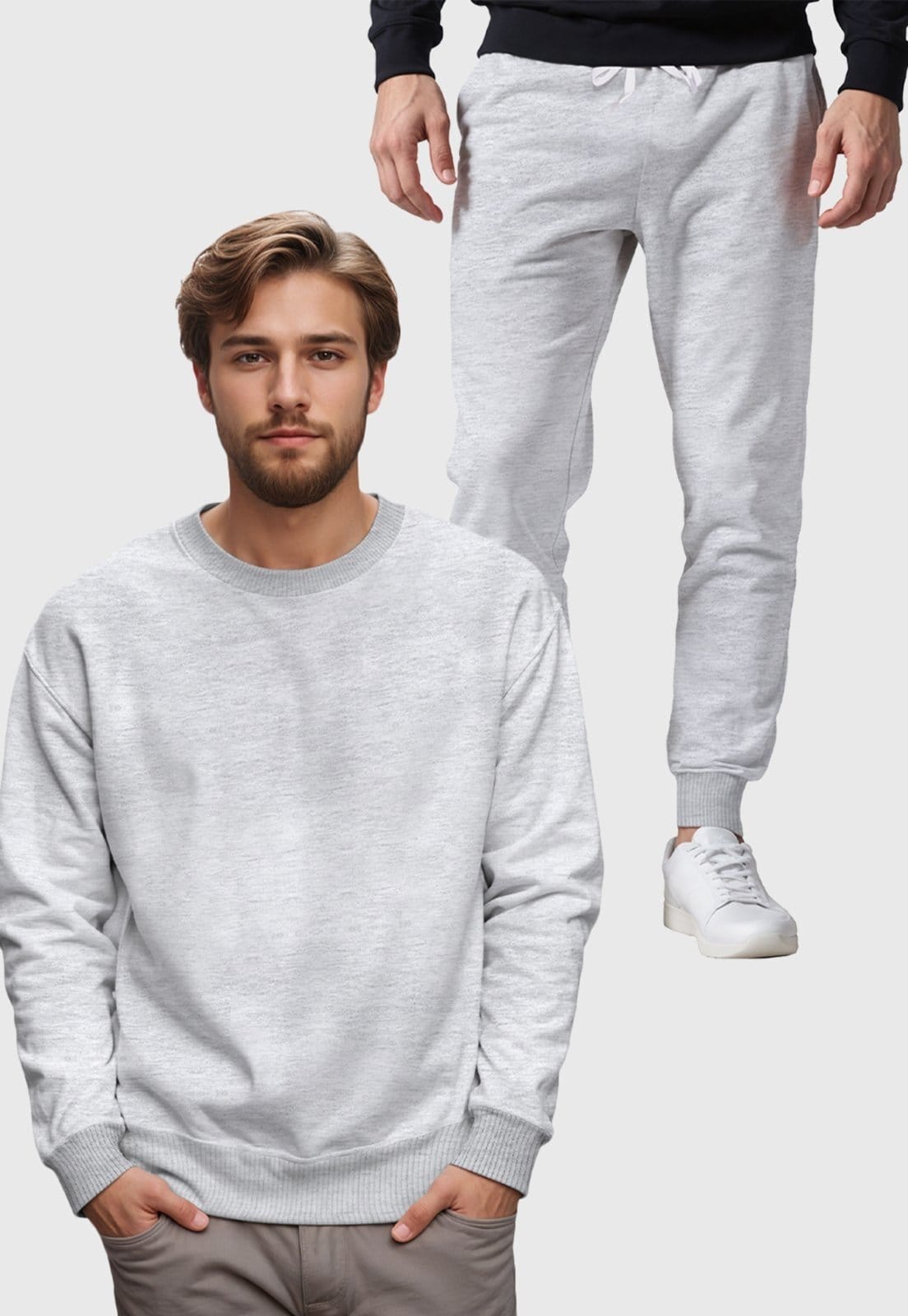 Conjunto Moletom Liso Gola Redonda e Calça Masculina Benellys Claro