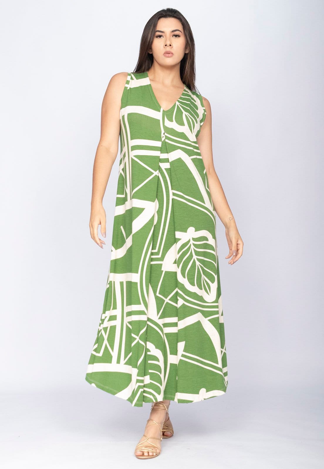 Vista 2 Vestido CabanaFree Longo Acará Malha Estampa Lagoa Botânica Verde Cabanafree estampado/verde verde