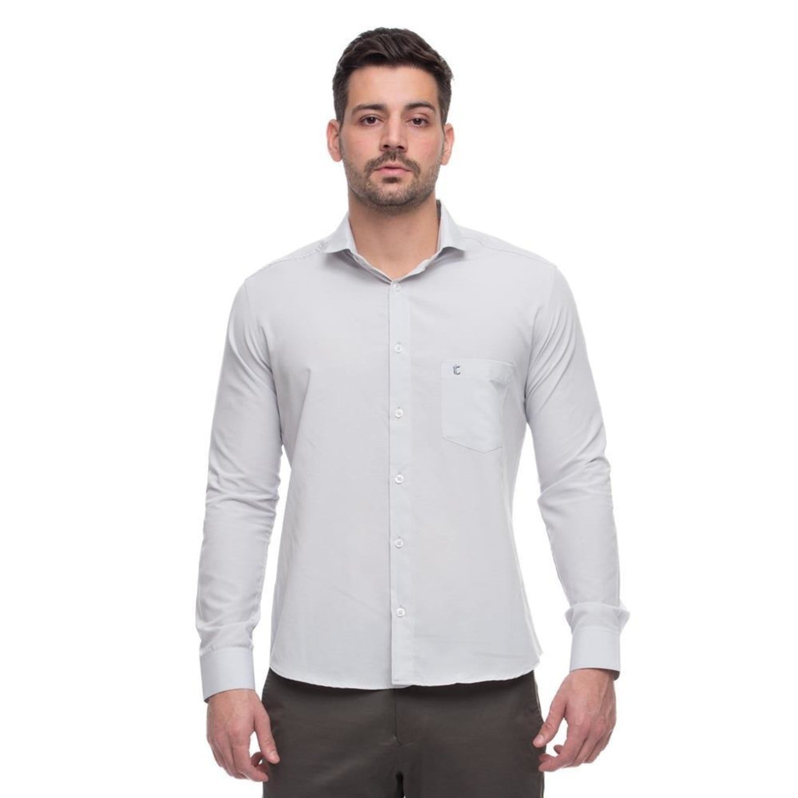 Camisa Social Slim Masculina Teodoro Manga Longa Elegante Cinza Verde Cinza