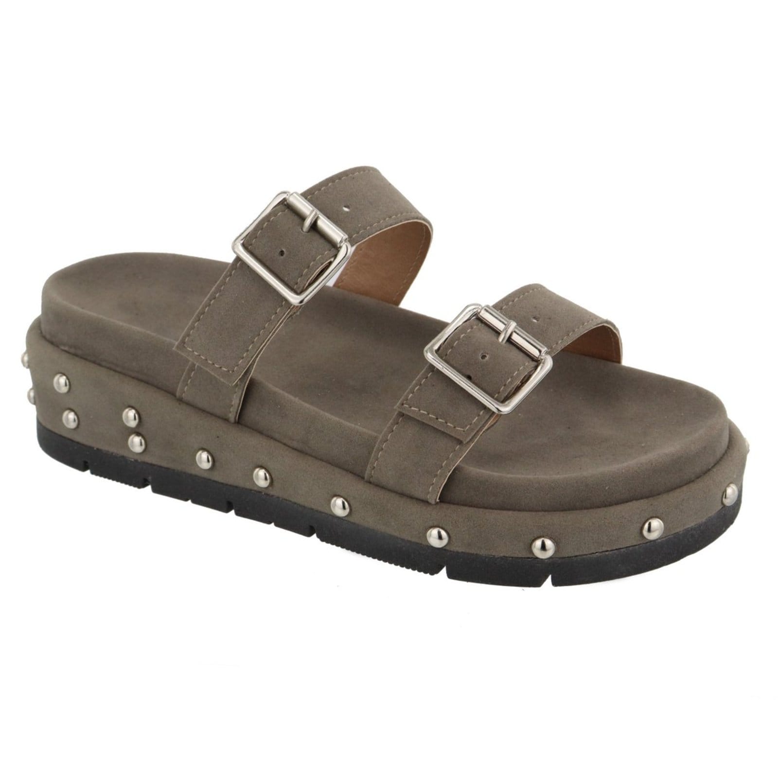 Vista principal Sandália Papete Feminina Sola Alta FivelasBolinhas Camurça TELLINI STORE cinza