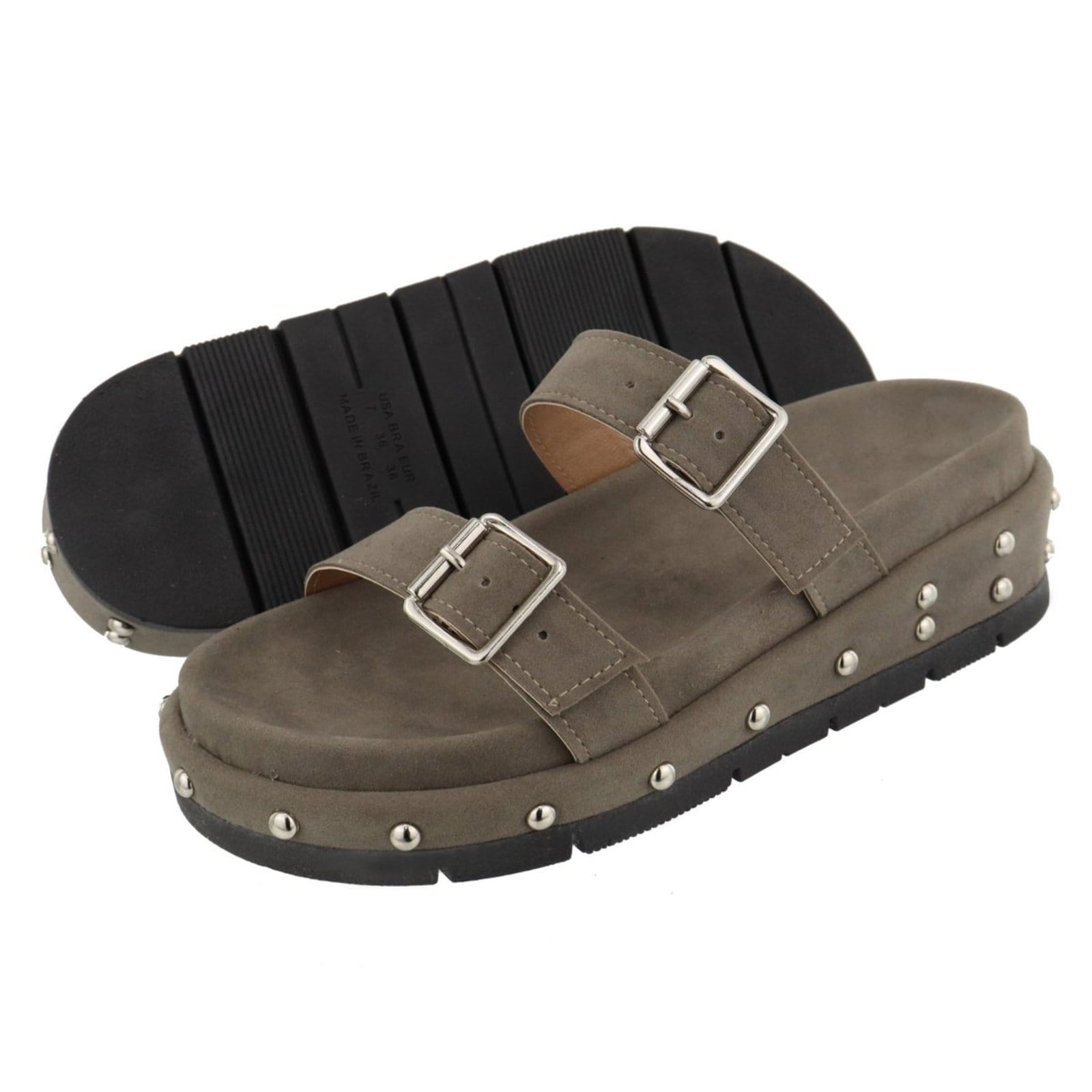 Vista 2 Sandália Papete Feminina Sola Alta FivelasBolinhas Camurça TELLINI STORE cinza