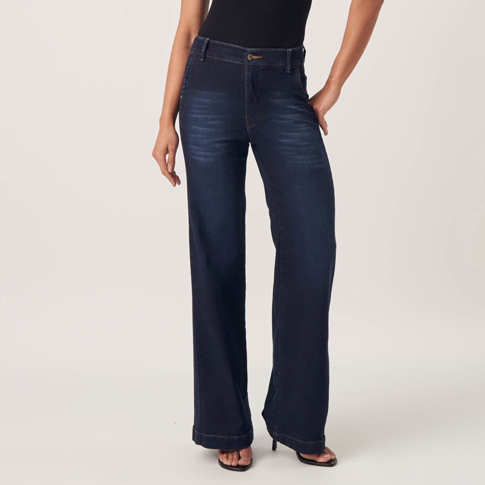 Calça Jeans Confort Wide Leg Cintura Alta Elástico Cós Azul Escuro