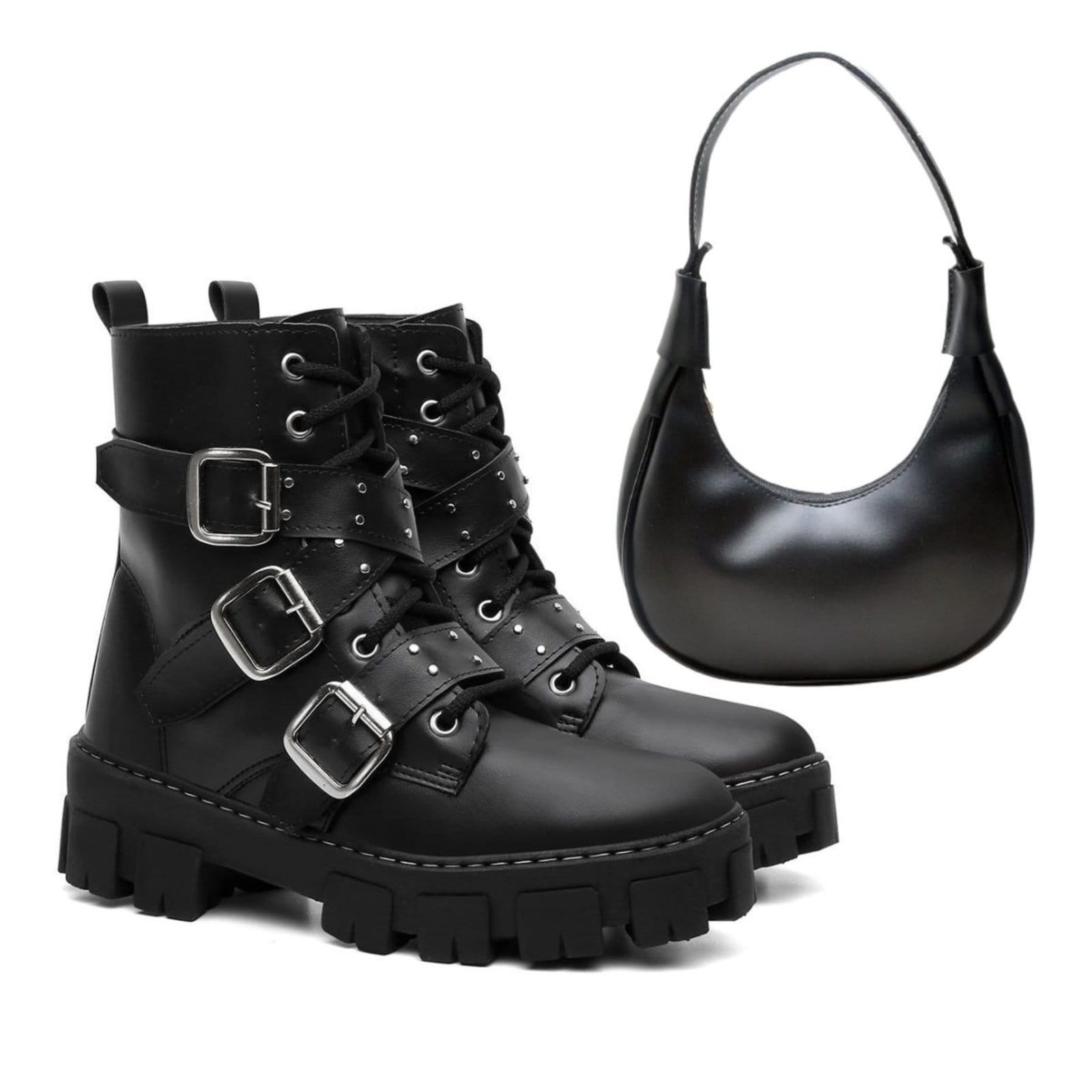 Vista principal Kit Bota Coturno Feminino Anna Andrade Casual Tratorado Cano Baixo Fivelas Tendência e Bolsa Anna Andrade preto