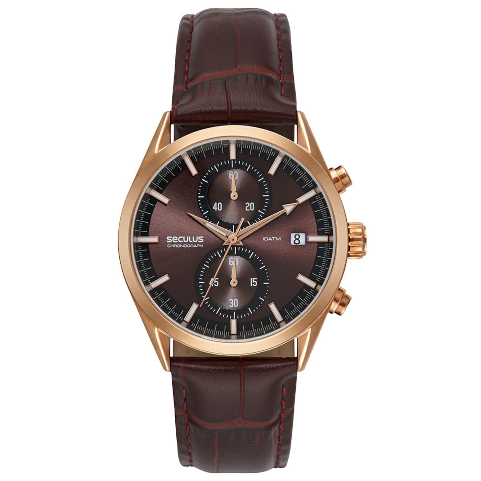 Vista principal Relógio Masculino Cronógrafo Vidro Abaulado Couro Rosé Seculus marrom rosé