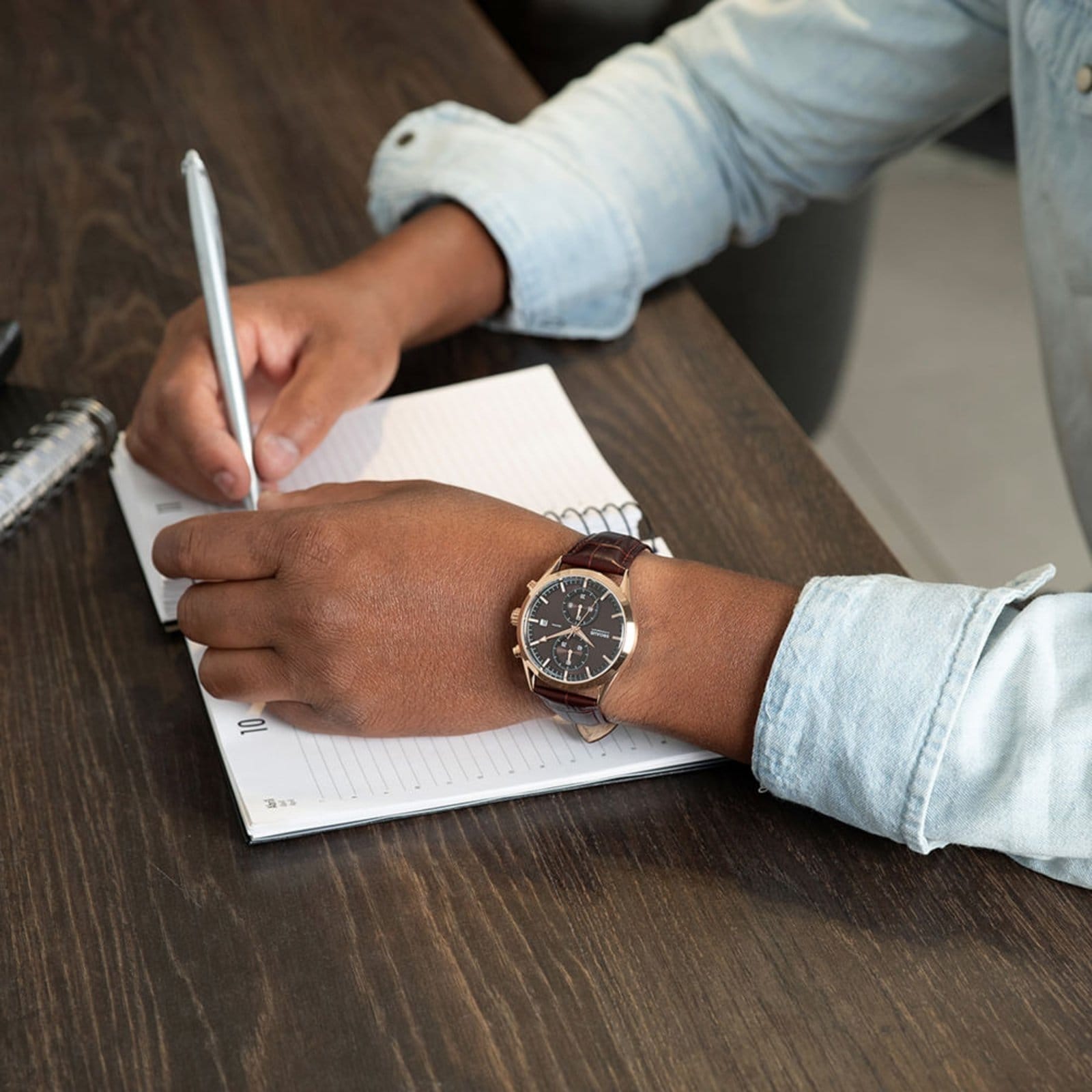 Vista 2 Relógio Masculino Cronógrafo Vidro Abaulado Couro Rosé Seculus marrom rosé