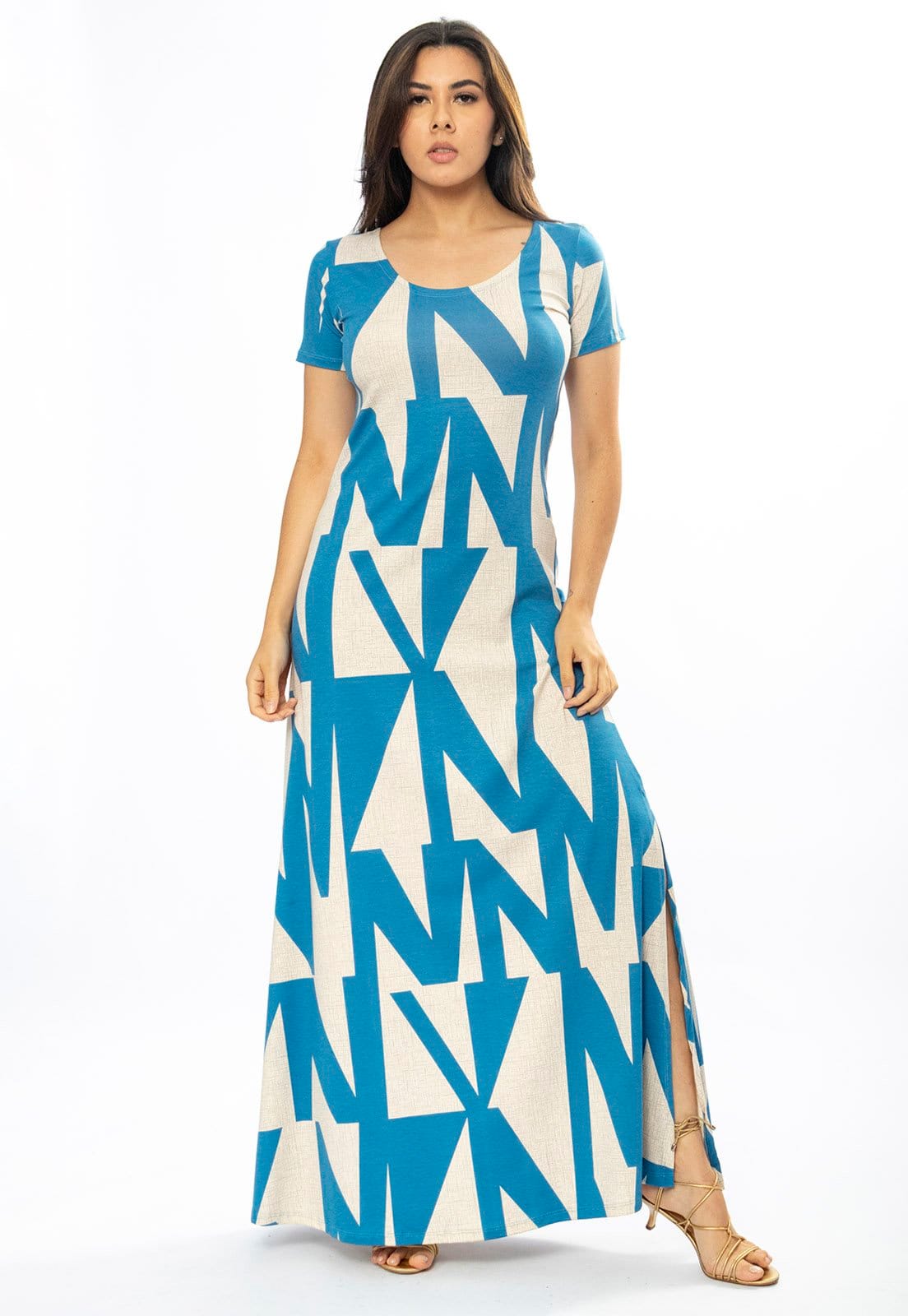 Vista 2 Vestido Longo Amazônia Vital Malha Gola Canoa Manga Curta Estampa Geometric Blue Amazonia Vital bege blue