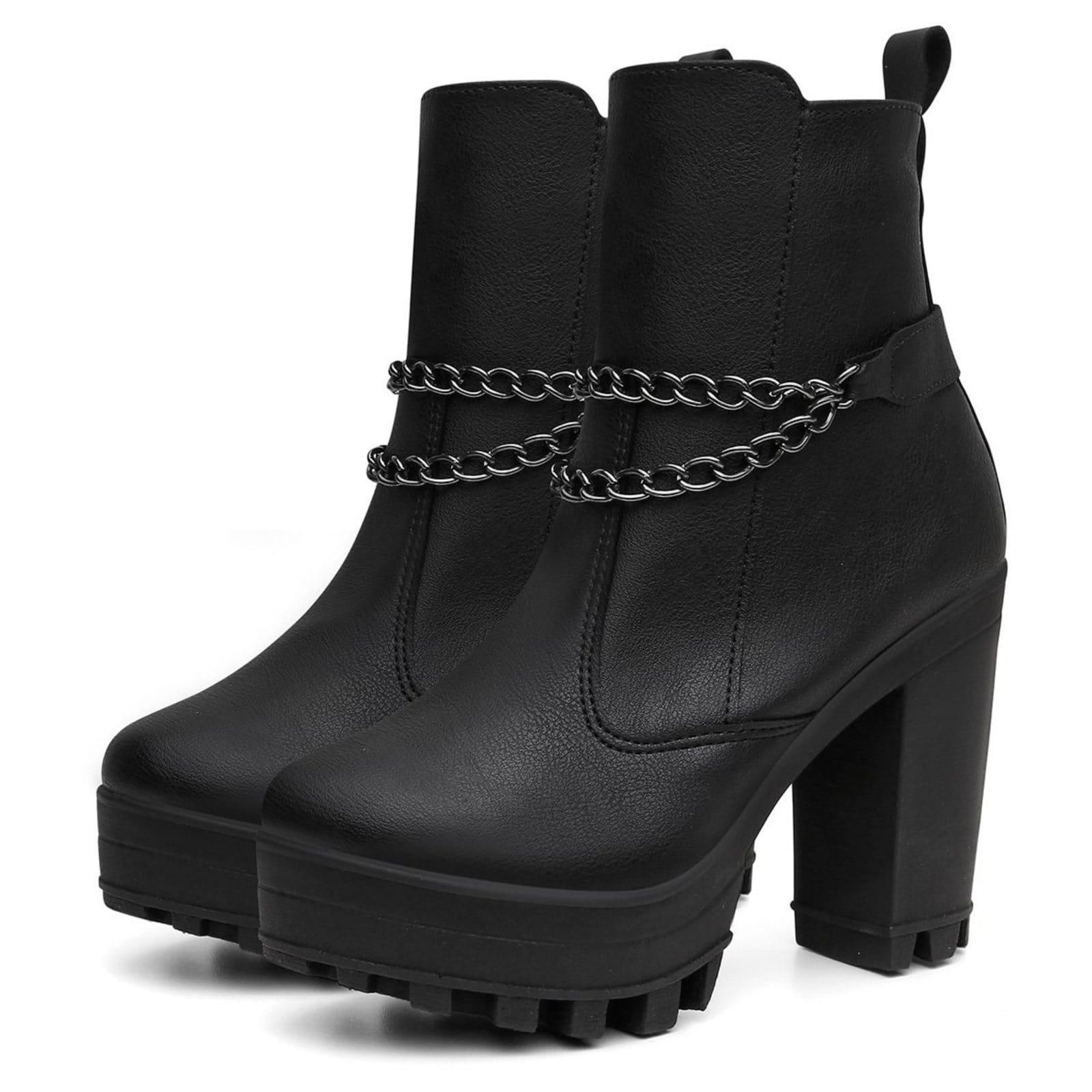 Vista principal Bota Coturno Tratorado Cano Médio Plataforma Corrente Santa Rosa preto