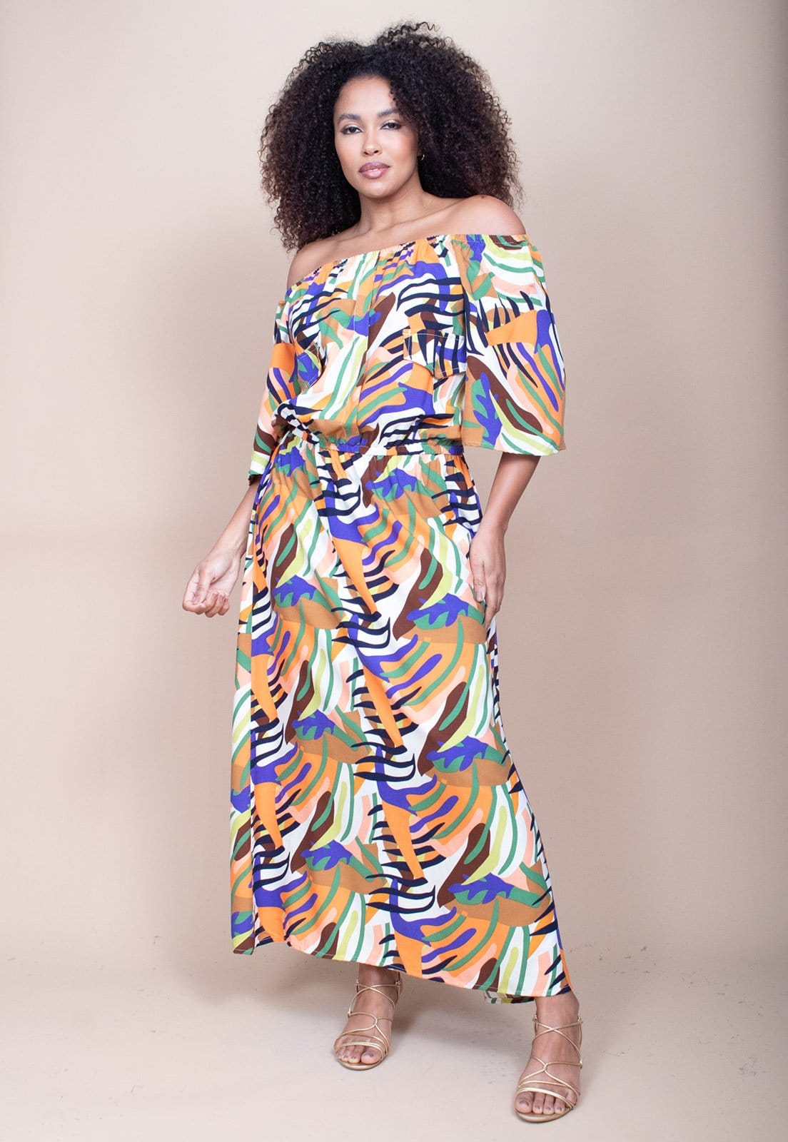 Vestido Midi Cabanafree Ciganinha Viscose com Lapela Estampa Cores Vibrante