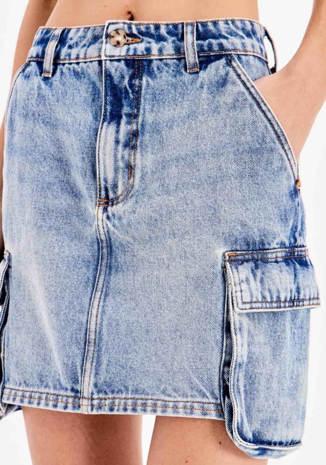 Vista 2 Saia Jeans Curta Cargo Cintura Alta My Favorite Things azul