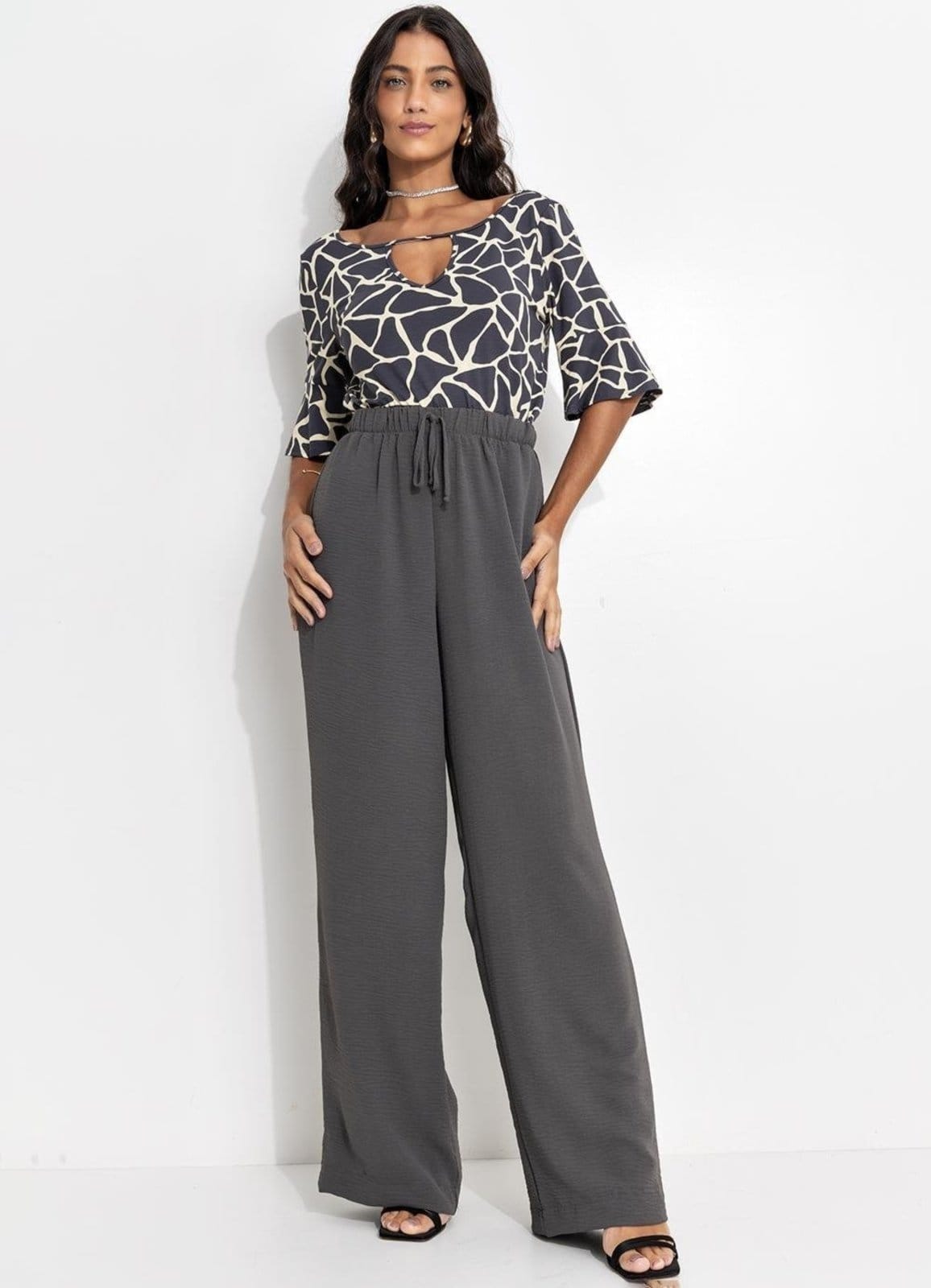 Calça Feminina Pijama Chumbo Em Crepe Plano