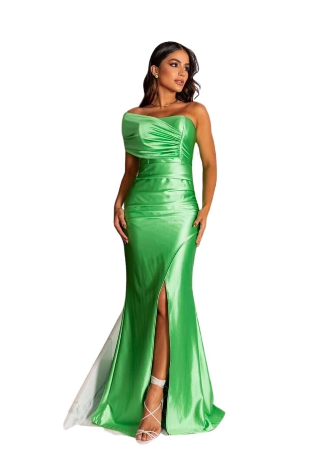 Vestido Longo de Festa Acetinado Tubinho Sereia Tomara que caia um Ombro Fenda Kenya Limão