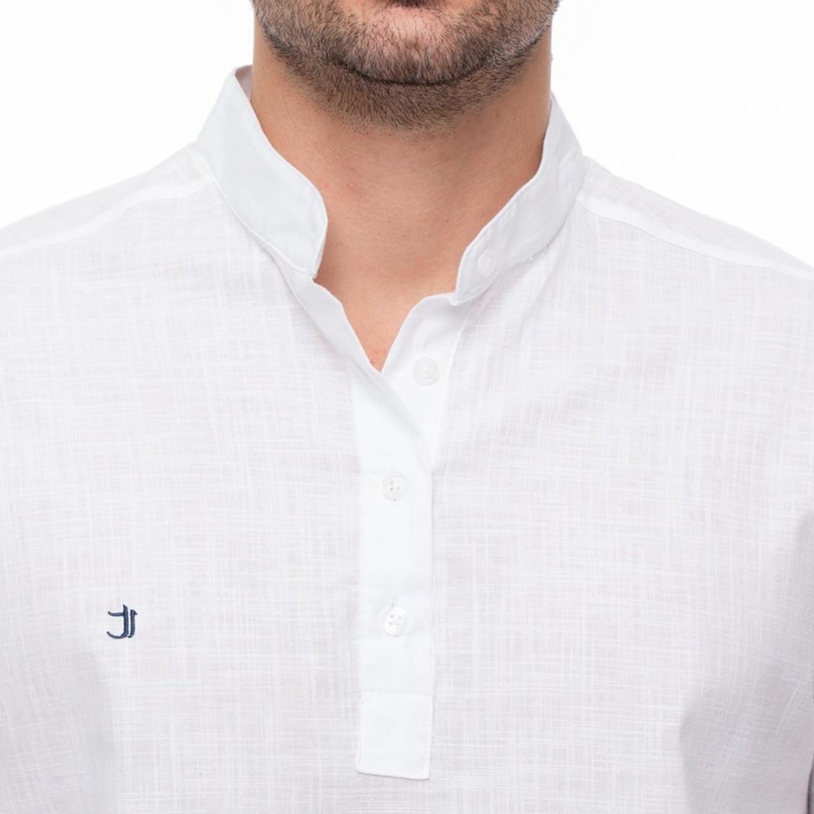 Vista 2 Camisa Social Bata Masculina Gola Padre Moderna Linho Casual Azul Claro P Branco TEODORO CAMISARIA branco azul