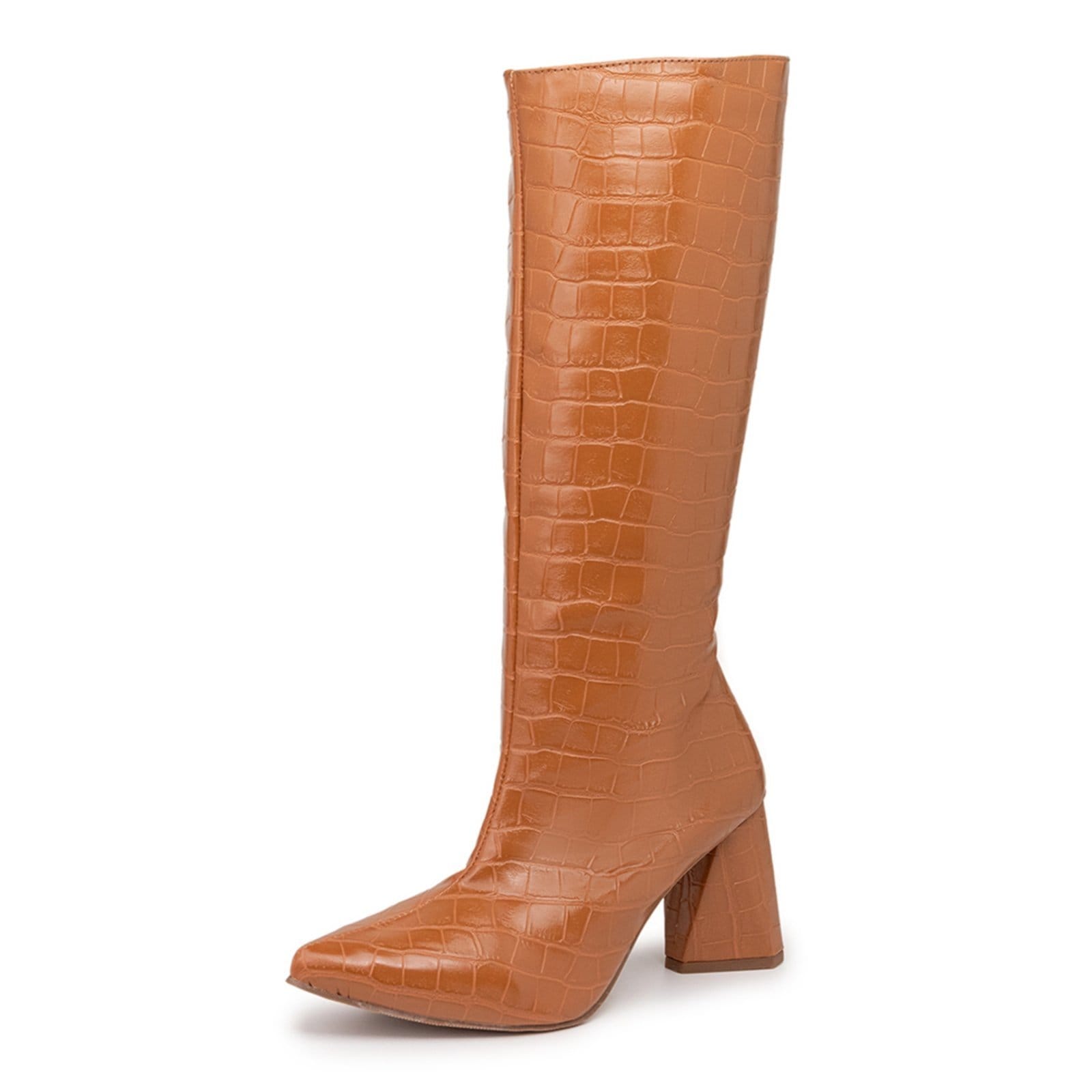 Bota Feminina Tendência Cano Longo Salto Triângulo 23020 Croco Whisky