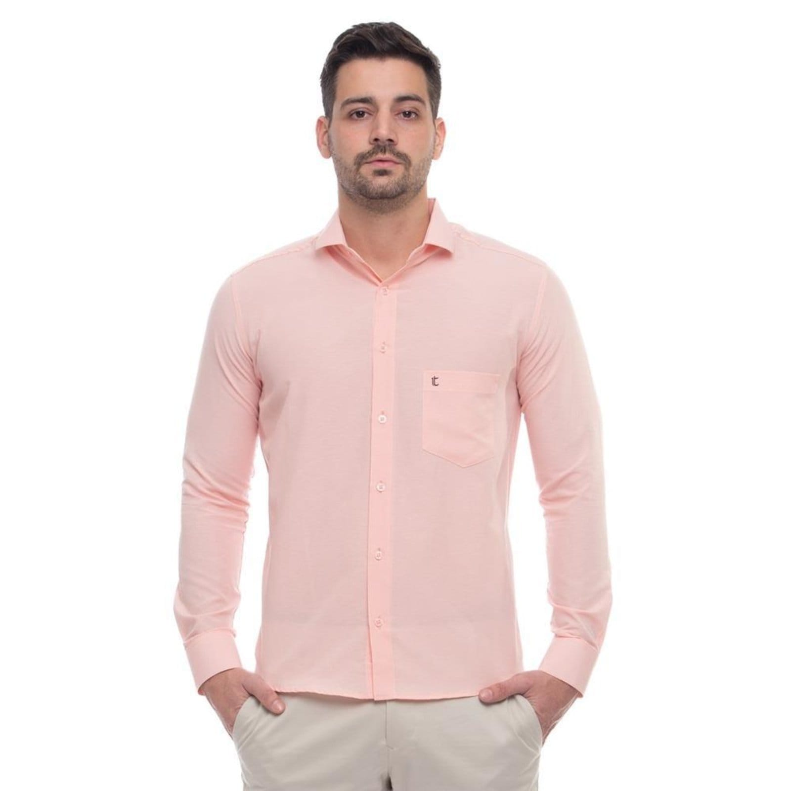 Camisa Social Masculina Slim Teodoro Manga Longa Elegante Cinza Verde Rosa