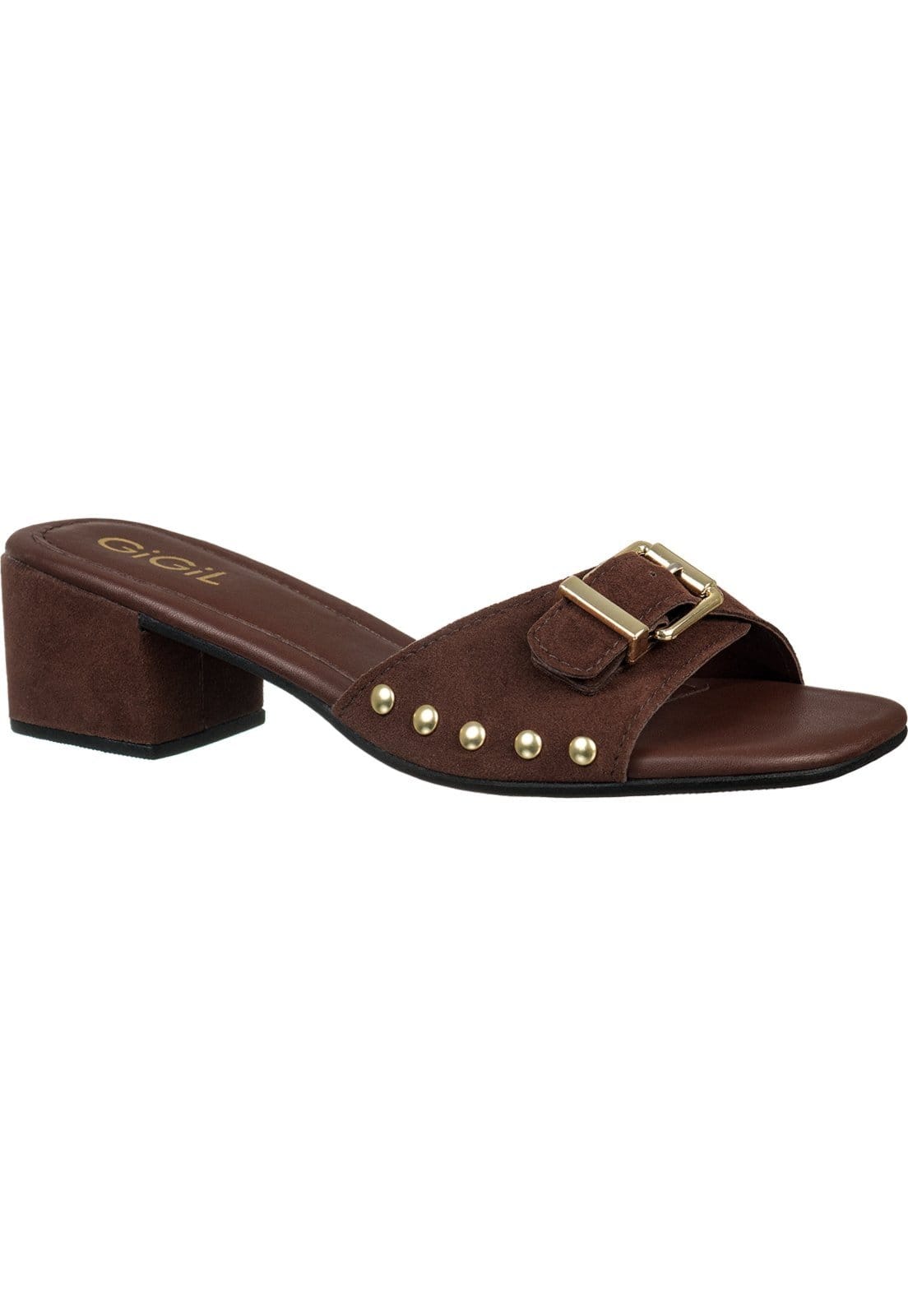 Sandália Tamanco Feminimo GiGiL Salto Bloco Fivela Metalizada Detalhe Lateral Tachas Retrô Terra