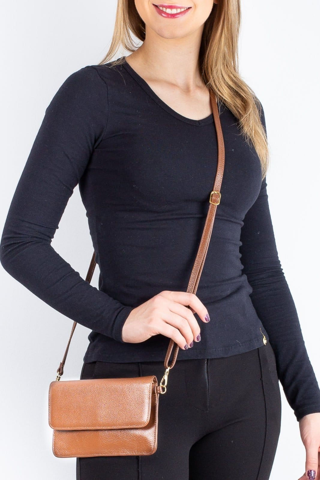 Clutch mini bolsa de couro liso Nicole - Whisky