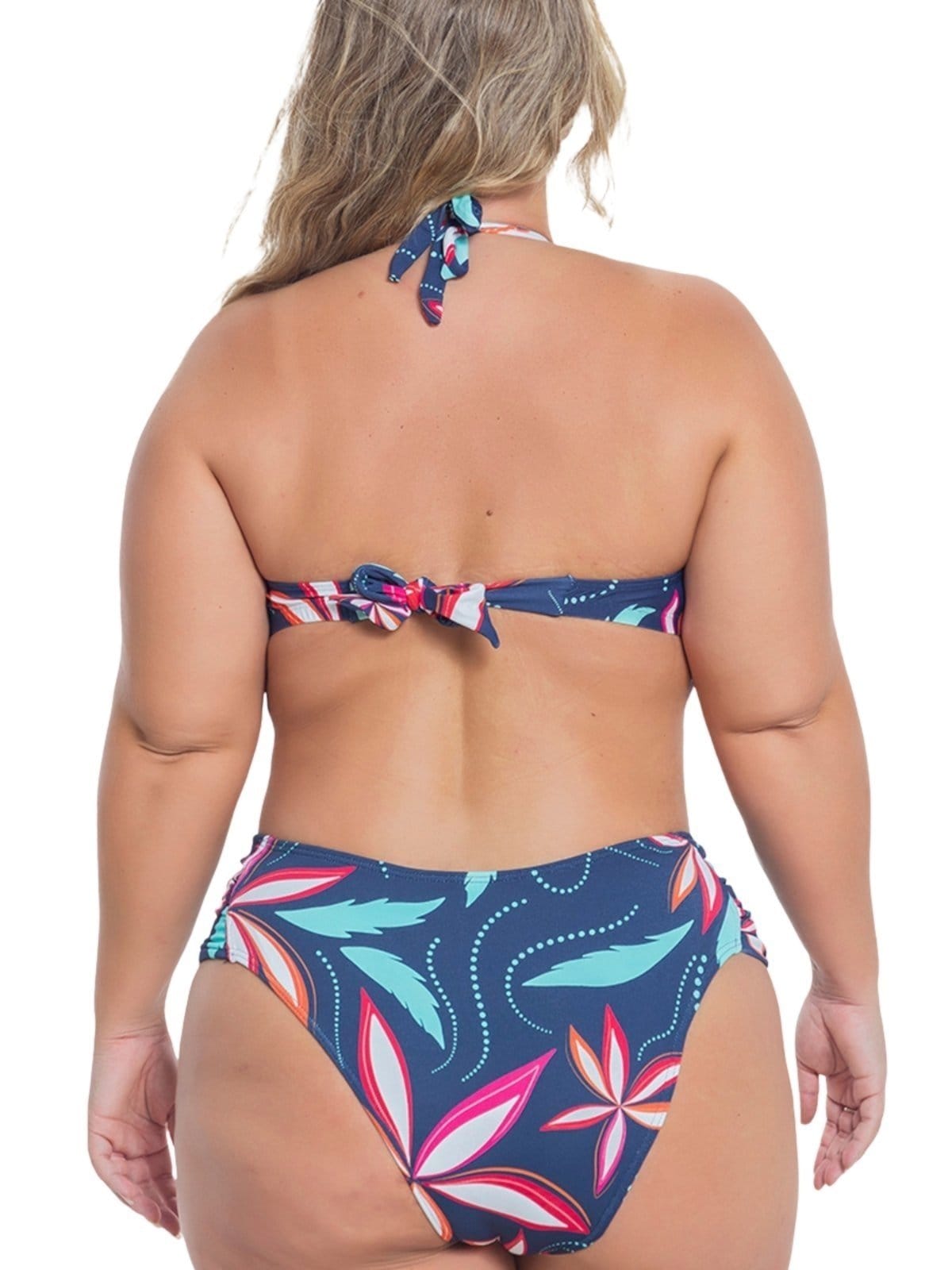 Vista 2 Biquini Plus Size Orla da Praia com Bojo Meia Taça e Calcinha Drapeada Folhagem Orla da Praia azul marinho/estampado/vermelho
