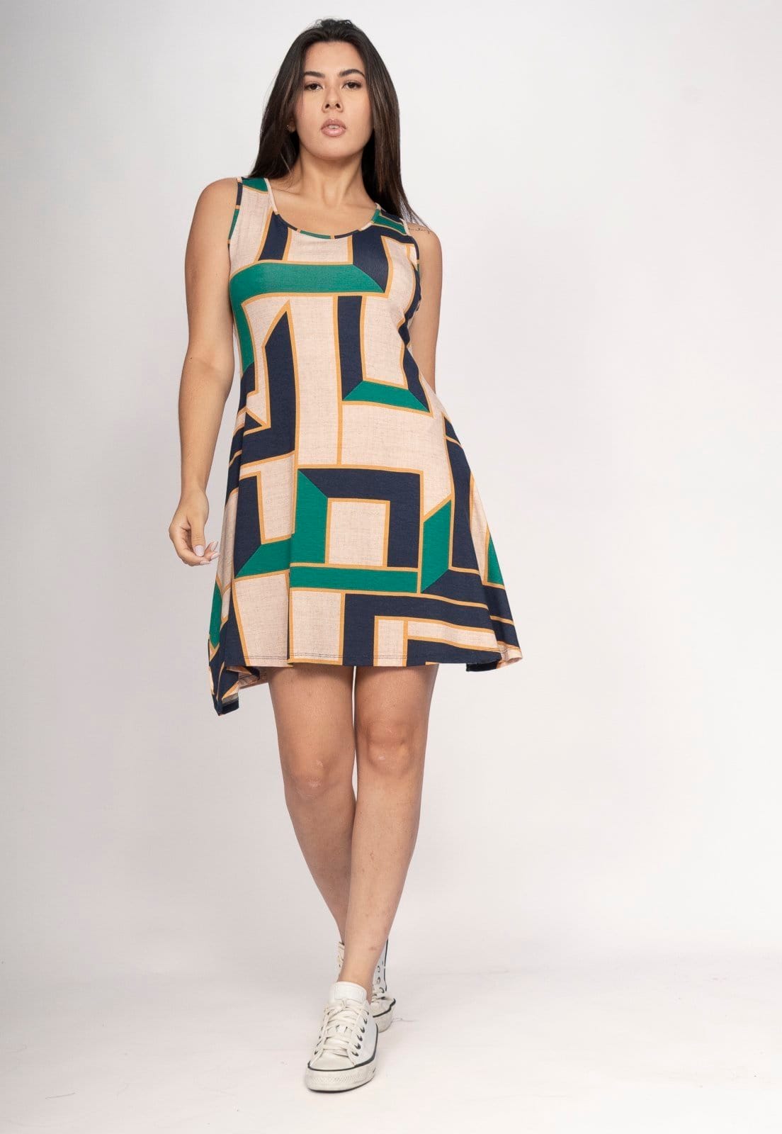 Vista 2 Vestido CabanaFree Anahí Curto Regata Estampa Chapada de Areia Cabanafree estampado