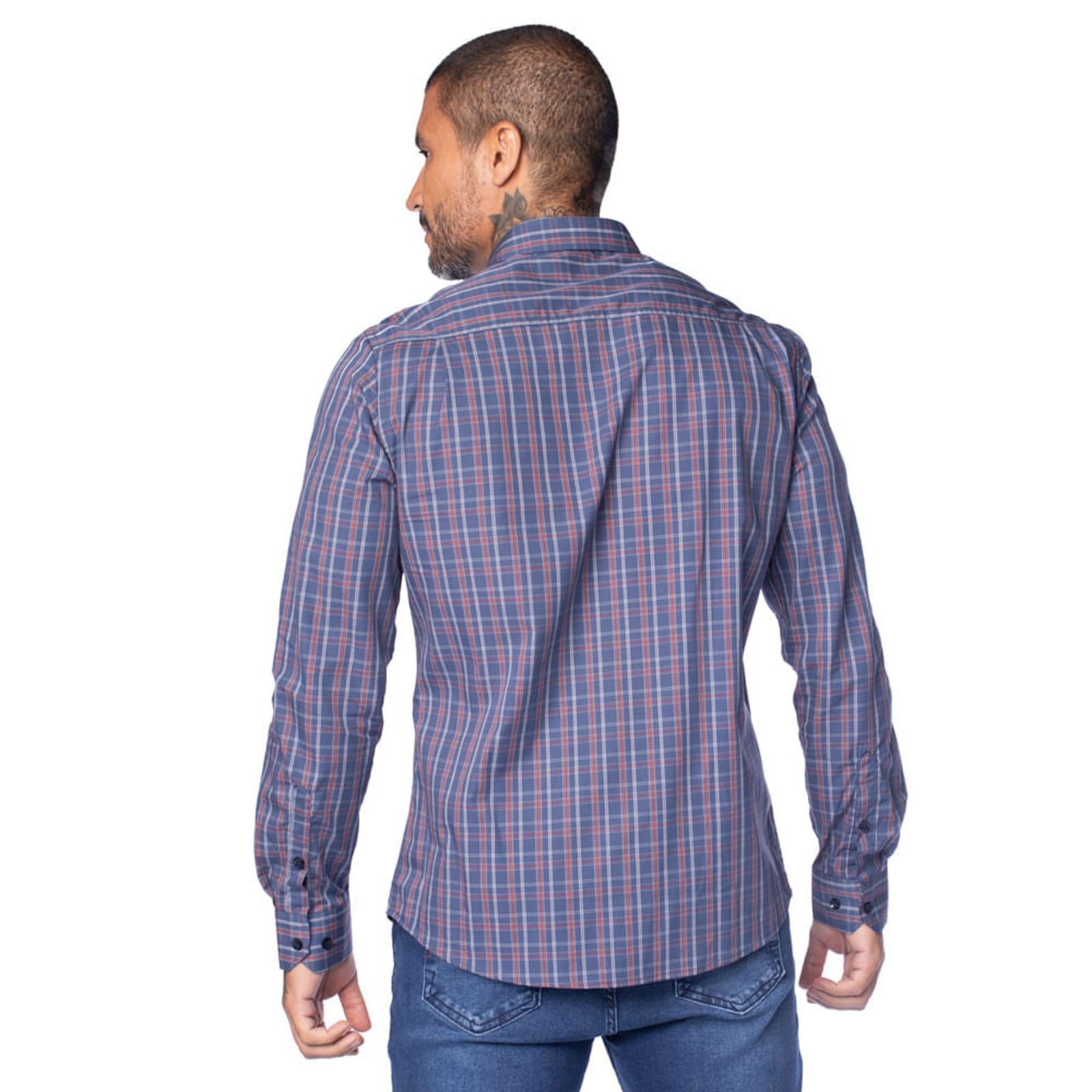 Vista 2 Camisa Masculina Pitt Slim Manga Longa Algodão Vermelho Pitt azul