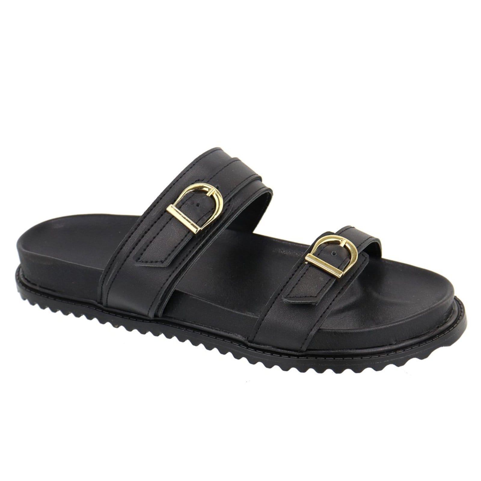 Sandalia Papete Rasteira Flat Feminina Preta Fivelas