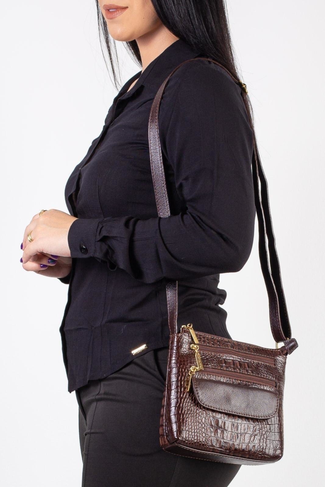 Bolsa transversal de couro croco Maura - Café
