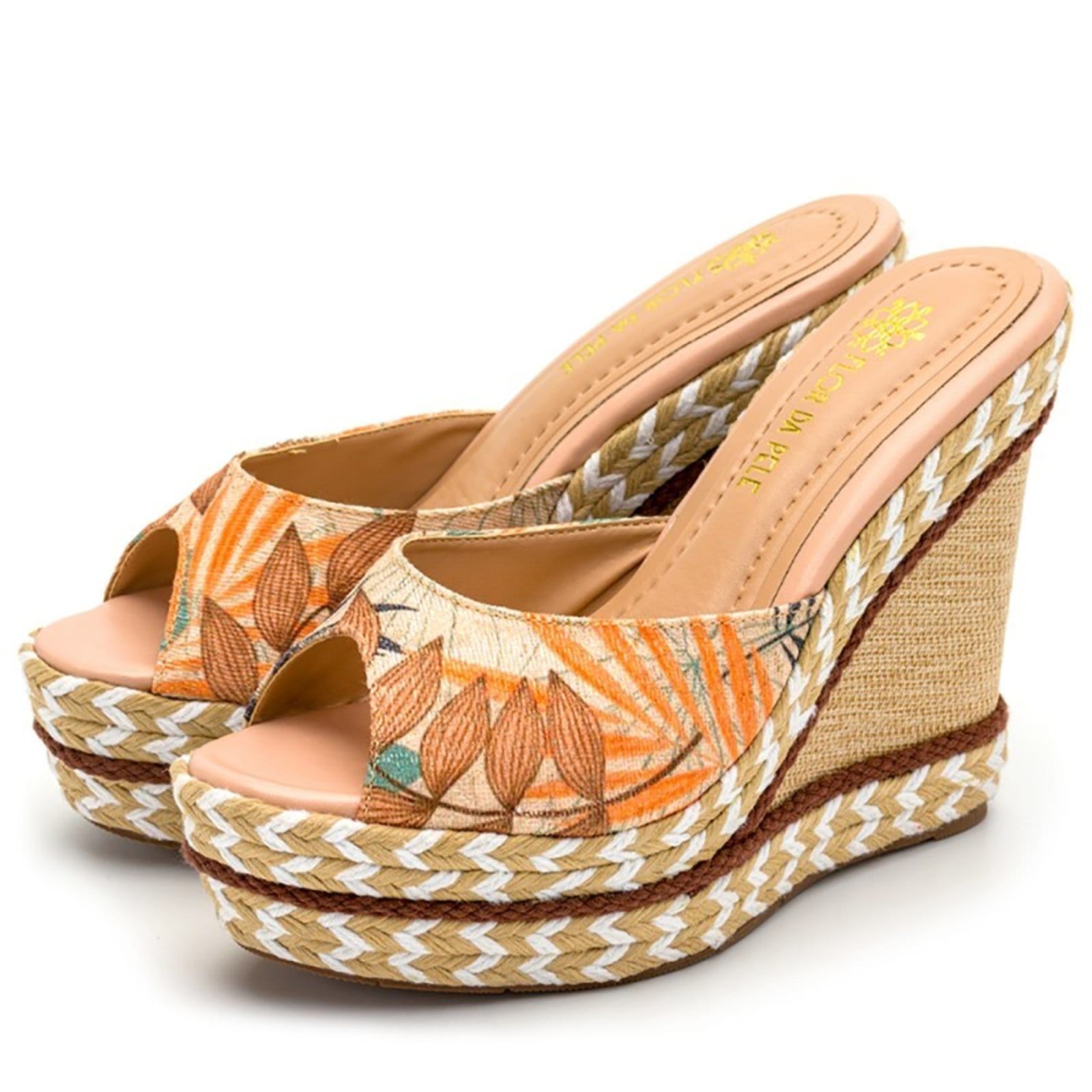 Tamanco Feminino Anabela com Sisal Tecido Floral Lançamento