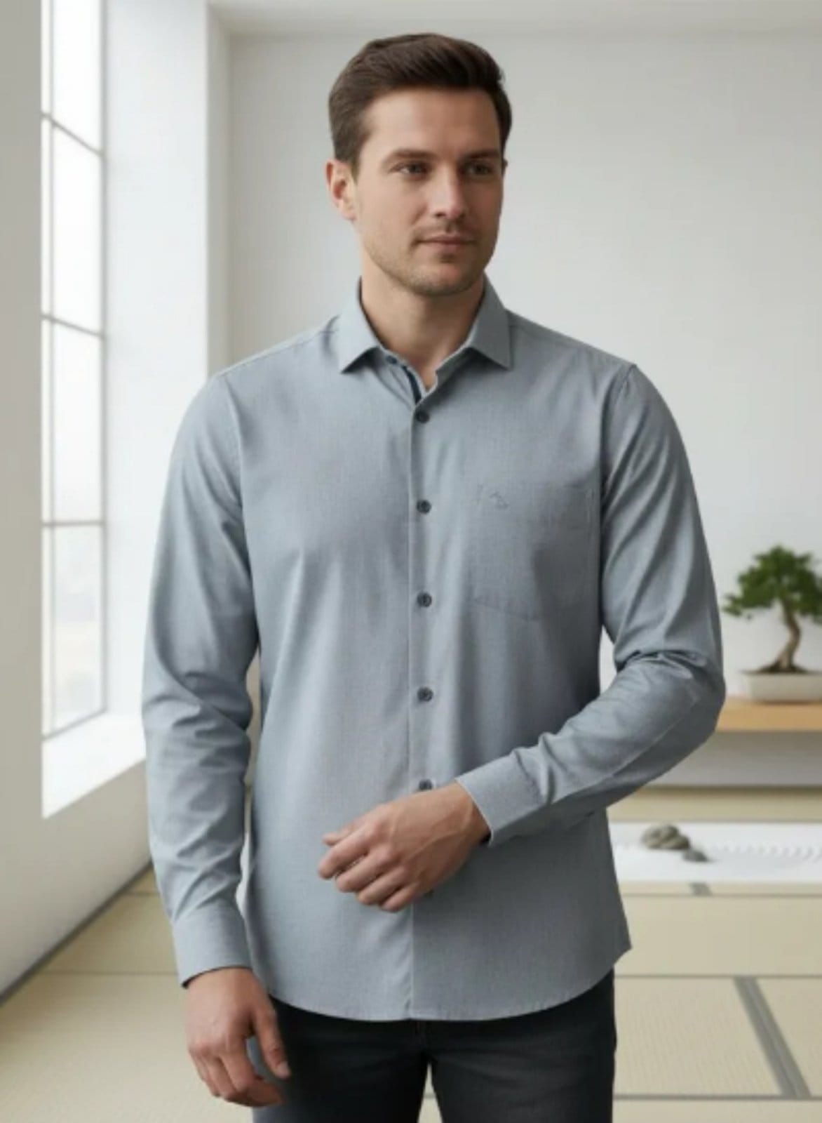 Vista 2 Camisa Social Amil Dratini Comfort Algodão/Poliéster C/Bolso Macia e Fácil de Passar Amil cinza