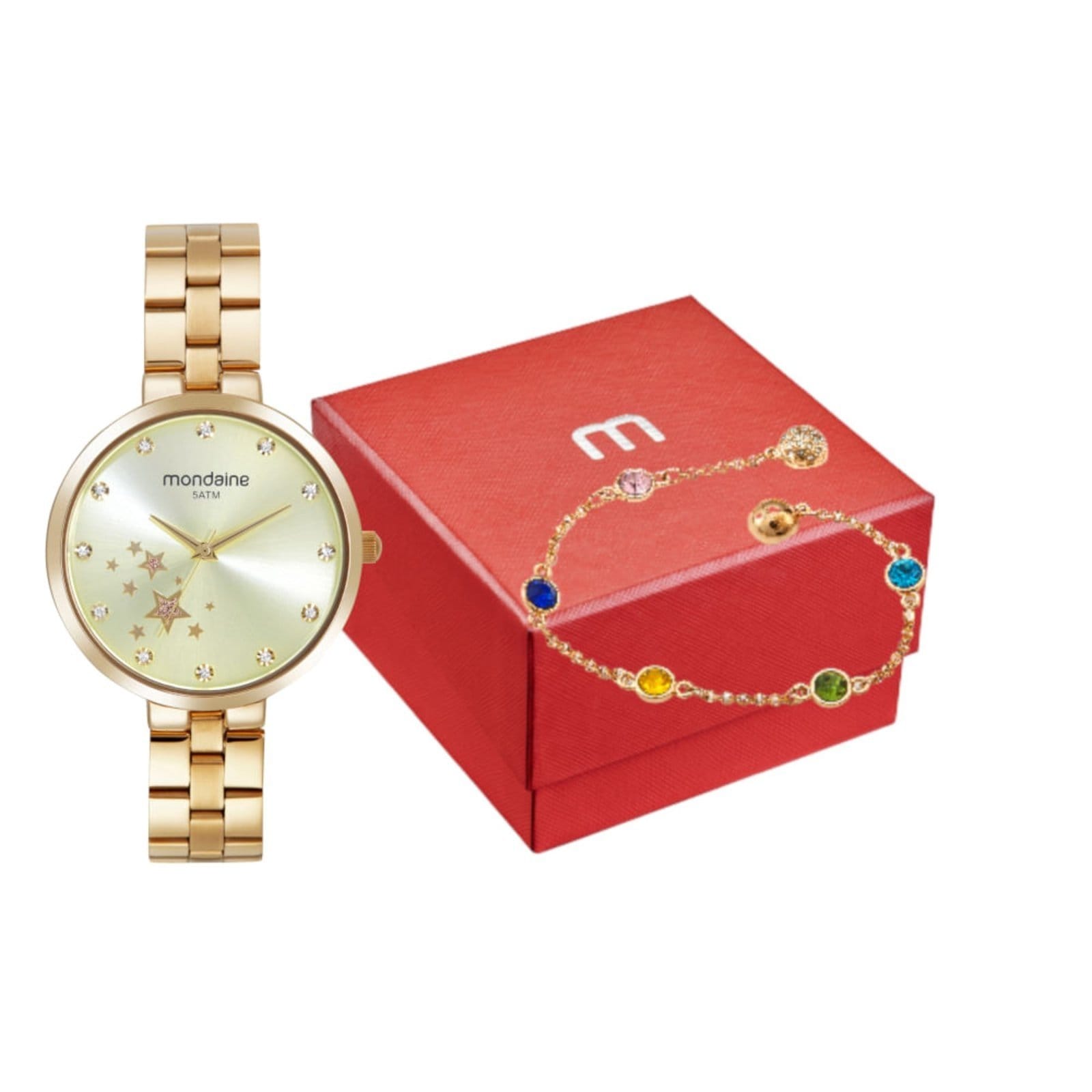 Kit Relógio Feminino Estrelas com Pulseira Cristais Colorida
