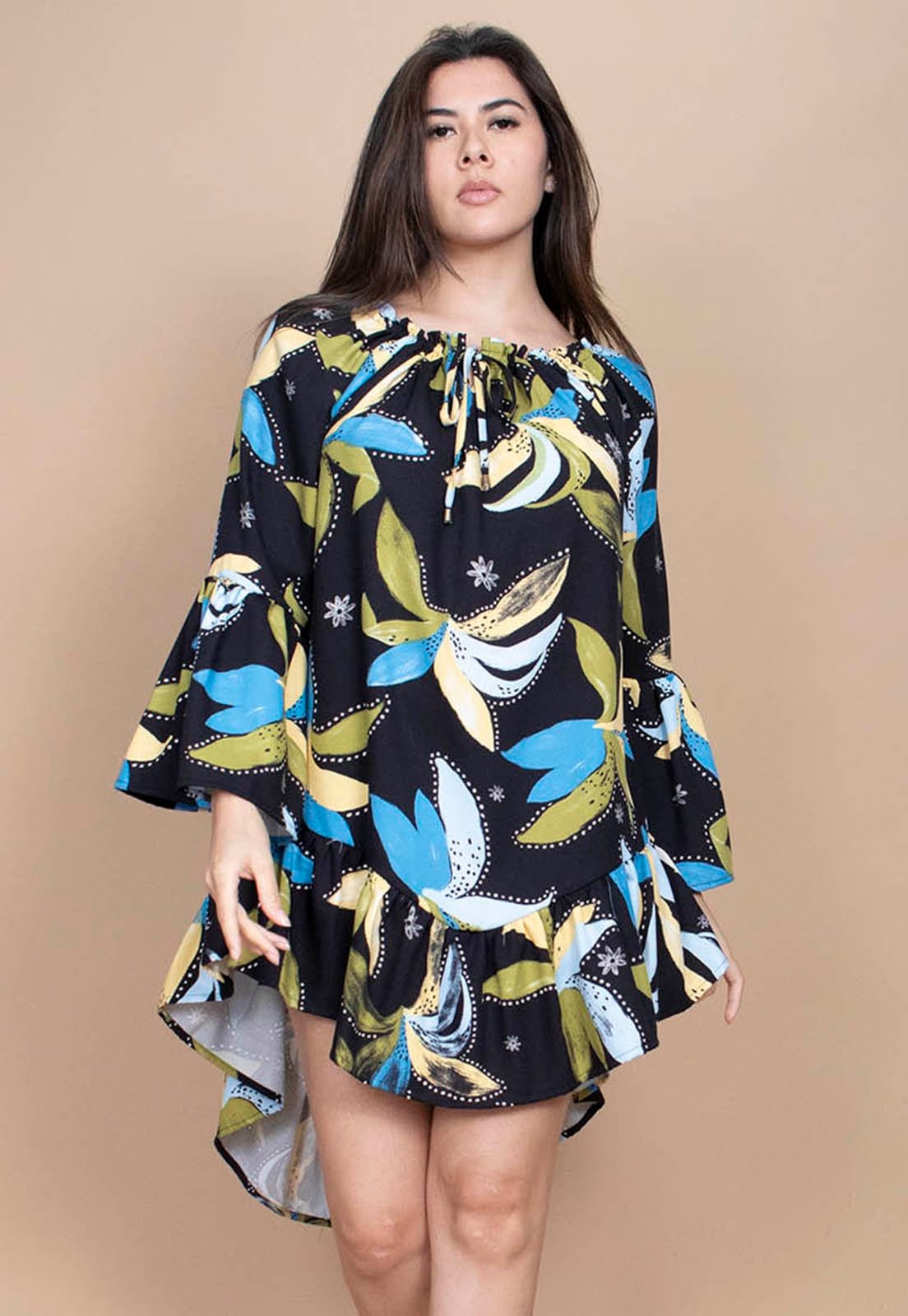 Vestido Curto Cabanafree Viscose Com Babados Estampa Jardim Noturno