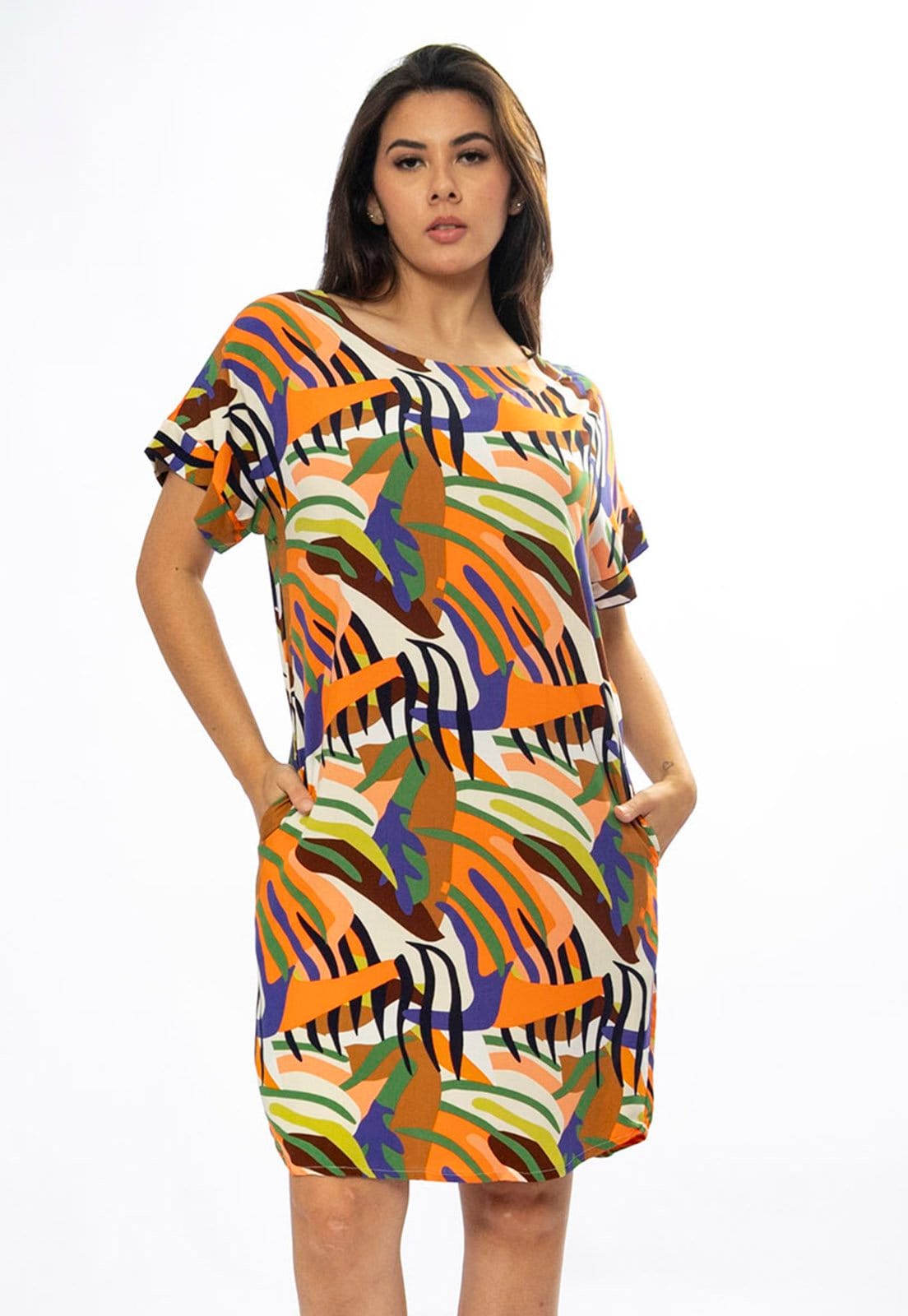 Vestido Curto Cabanafree Viscose com Bolso Estampa Cores Vibrantes