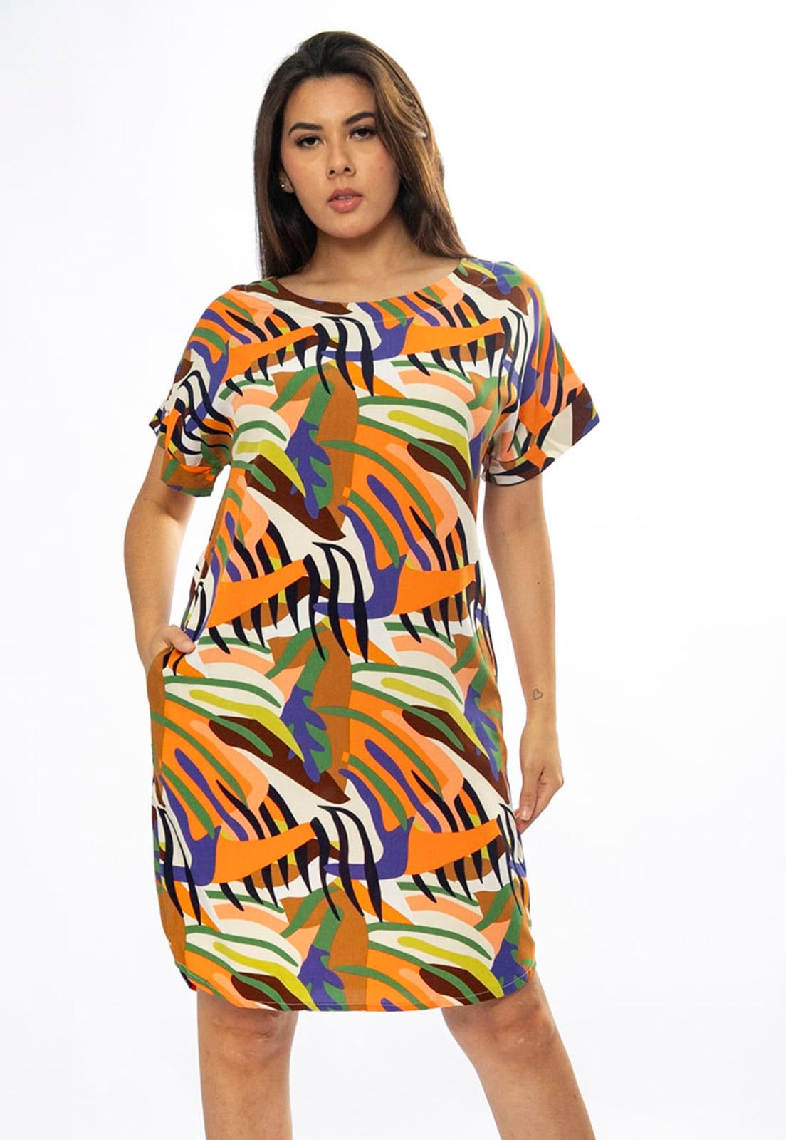 Vista 2 Vestido Curto Cabanafree Viscose com Bolso Estampa Cores Vibrantes Cabanafree azul/estampado/laranja