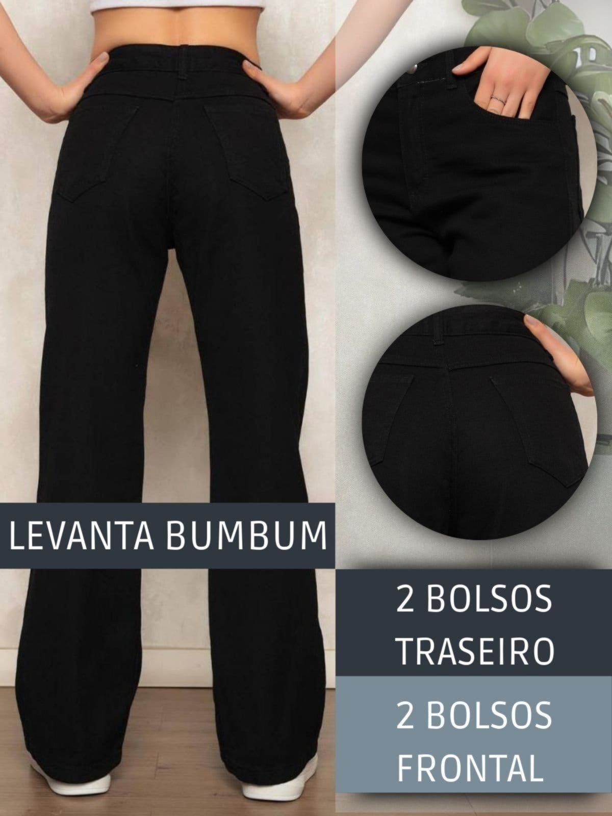 Vista 2 Calça Jeans Wide Leg Pantalona Feminina Preta Tendência Fashion Safira Moda preto
