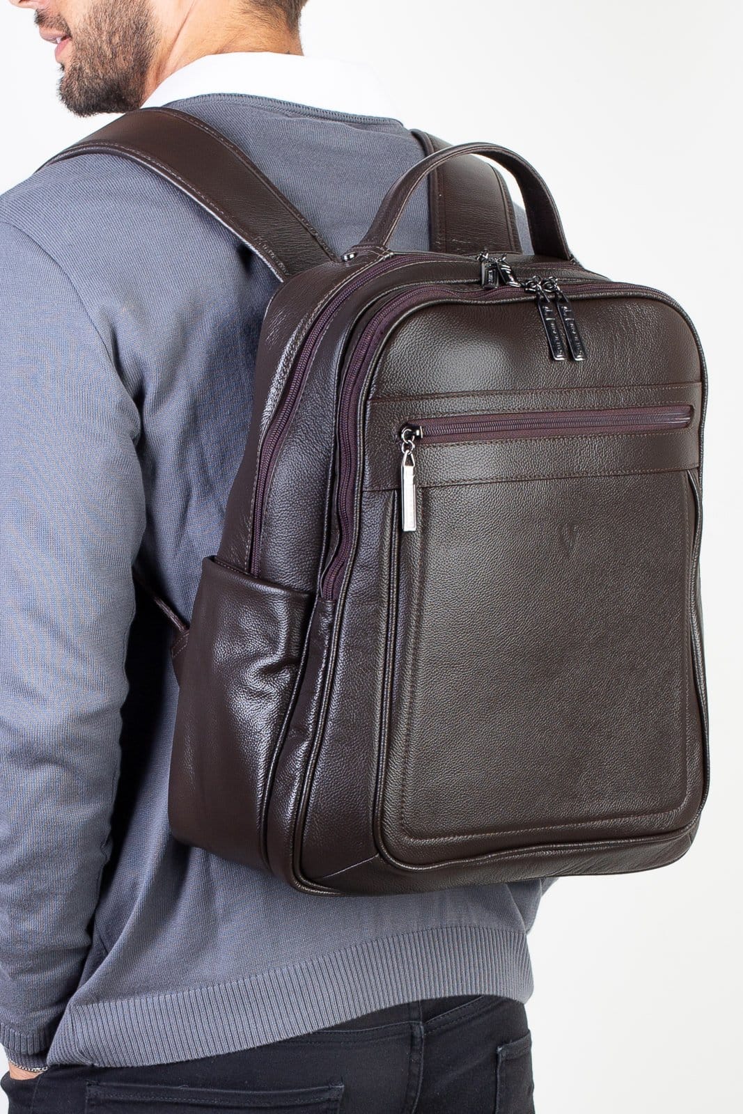 Vista 2 Mochila Vira Vento Masculina De Couro Floater Daniel - Café Vira Vento preto